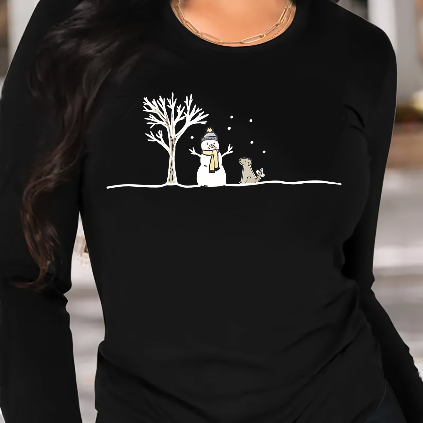 TEMU T-shirt décontracté et sportif à manches longues et col rond pour femmes de grande taille, imprimé arbre de Noël et de neige, haut d'automne