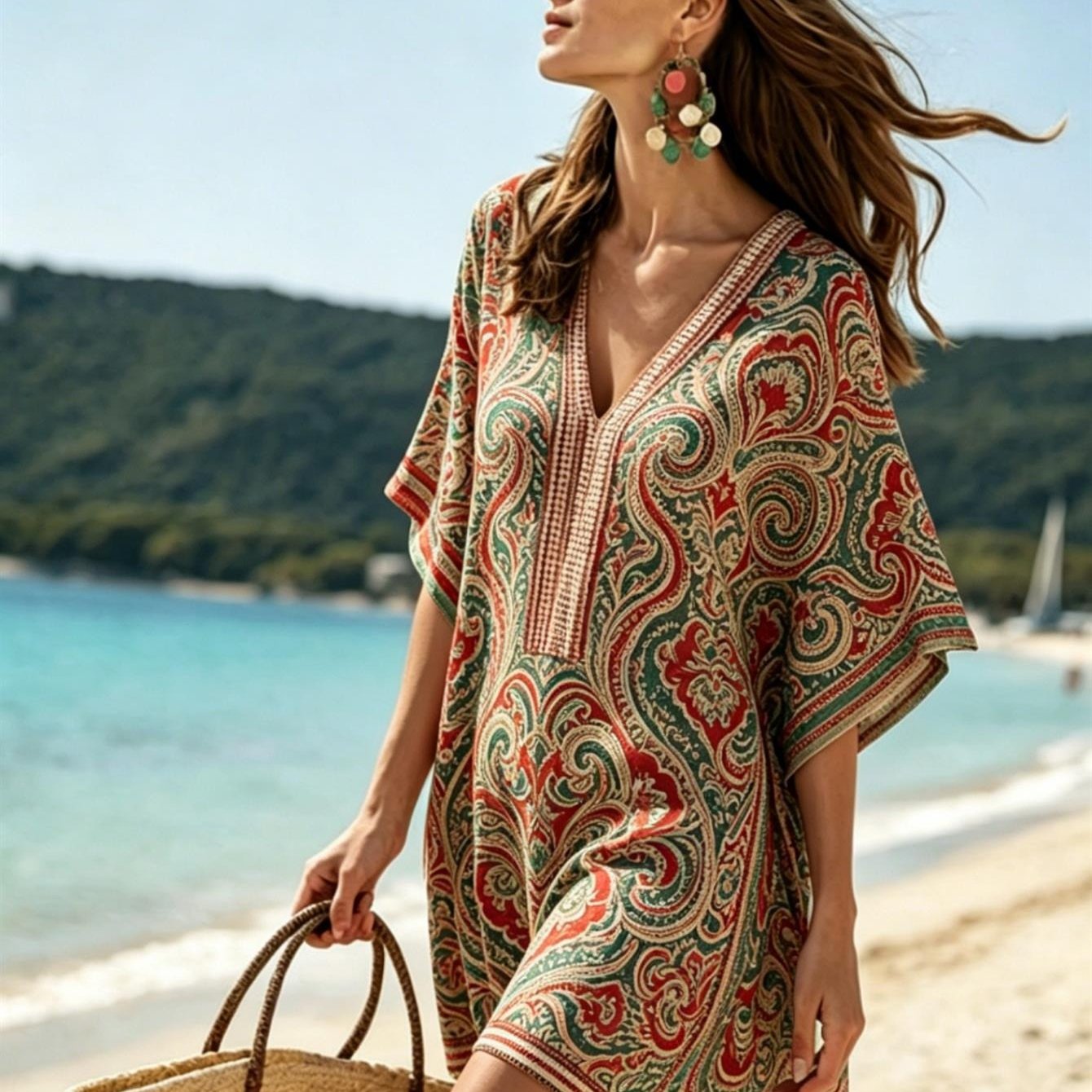 Image of Plus Size Vintage Paisley Print Beach Cover Up Dress, Women's Deep V Neck Loose Boho Kaftan Tunic With Batwing Sleeves For Resort Vacation