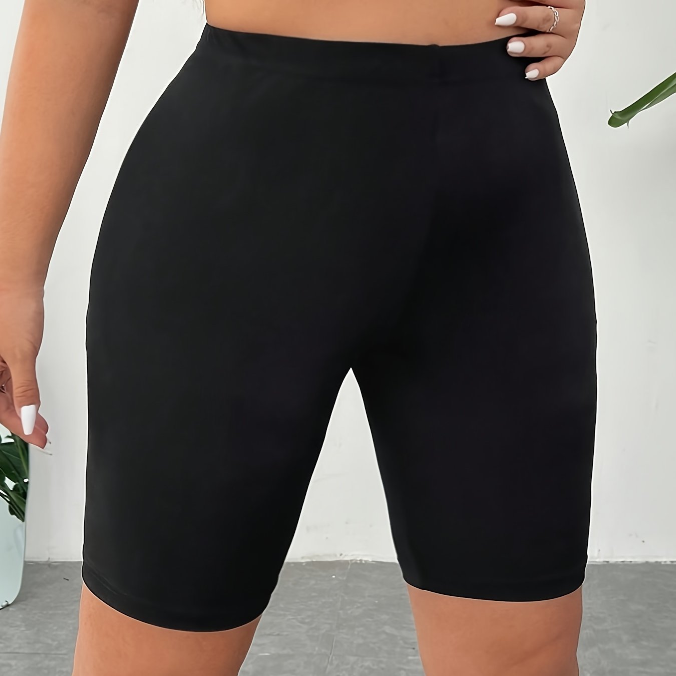 Image of Plus Size, Women's Plus Size Solid Color Shorts - Mid-stretch Casual Shorts, , Hand Wash Only, Versatile For, Lounge & Casual Attire, Shorts, Medium Stretch Material, Nontransparent Fabric