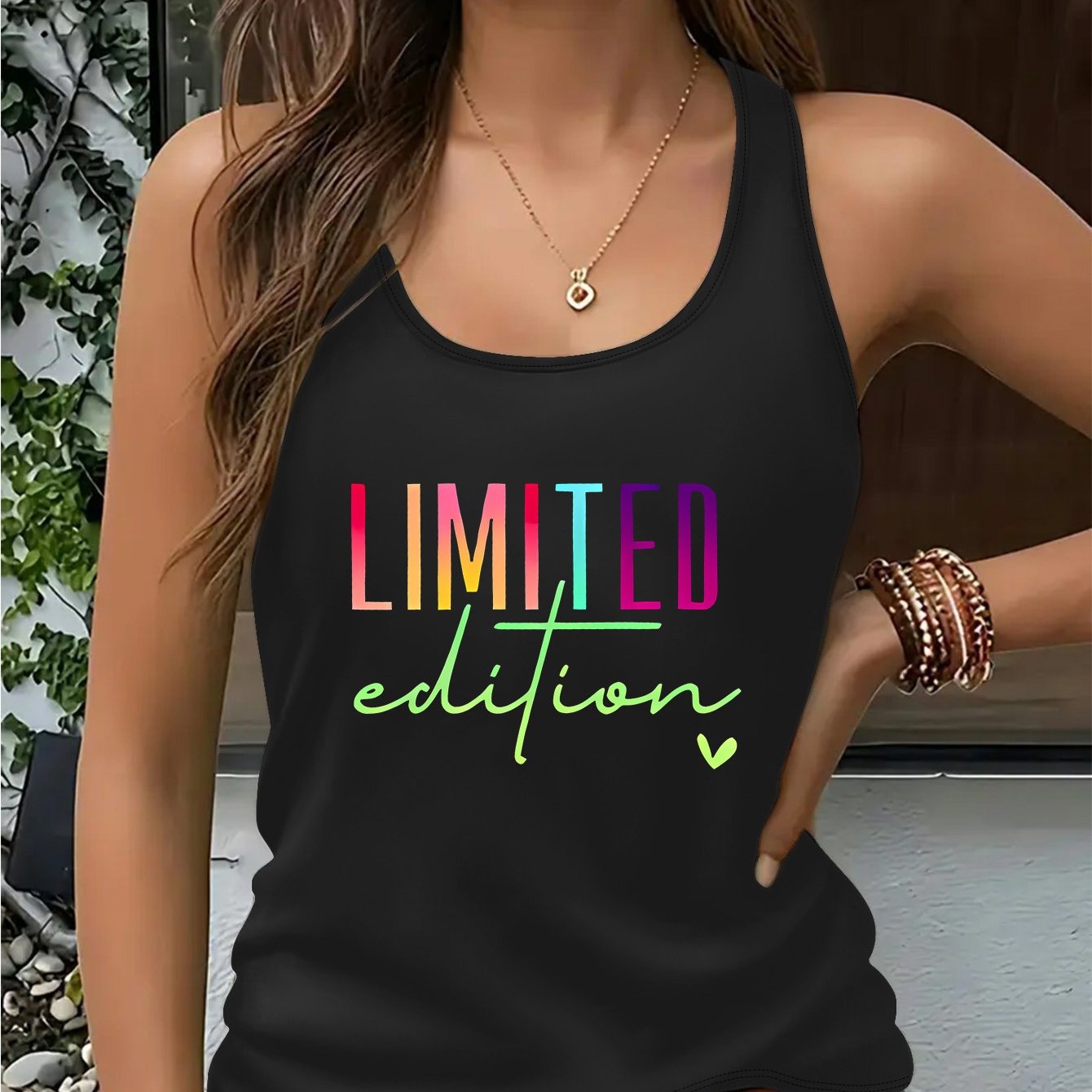 Women's Black Sleeveless Tank Top With Vibrant "" Letter Print - Geometric Color , Round Neck Casual Summer Top, Machine Washable, Perfect Gift For Casual Attire, Nontransparent Fabric