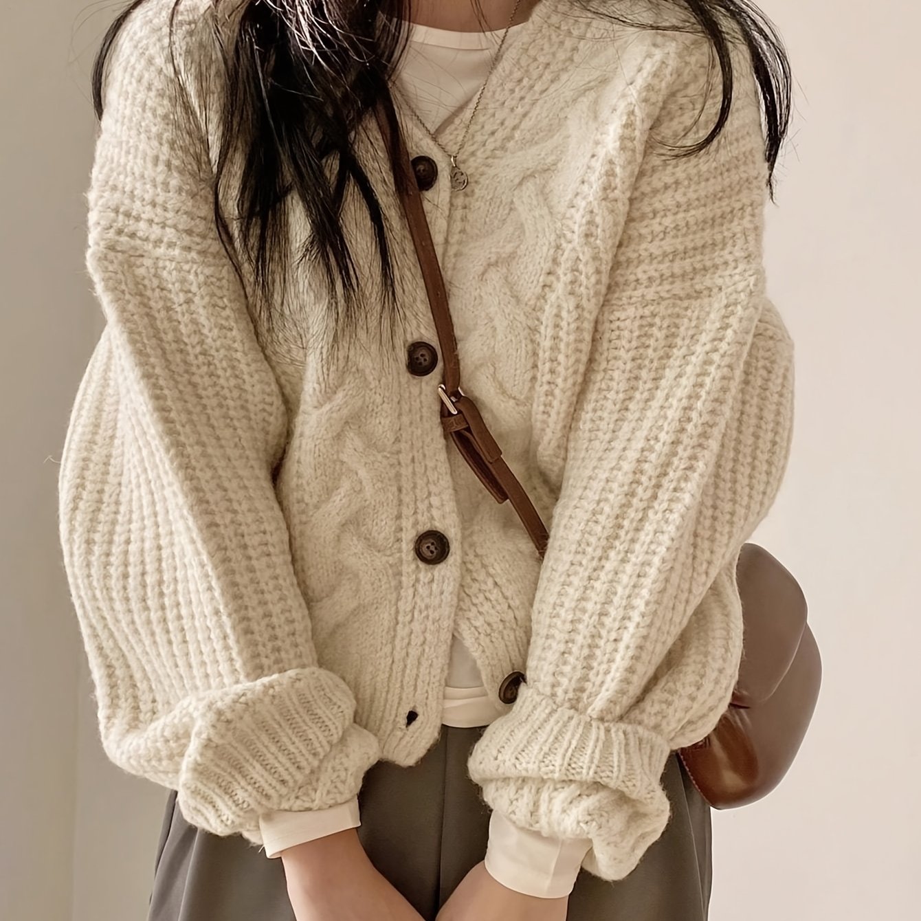 TEMU Women's Vintage Chunky Cardigan For Fall & Winter - Button Front, Long Sleeve, Perfect For Valentine's Day And
