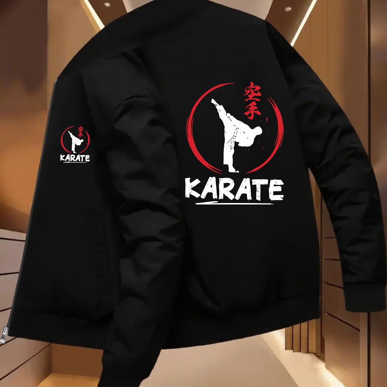 TEMU Men's Martial Arts Jacket - Full Zip Training Jacket, Stand Collar, Red/karate Pattern - Machine Washable Polyester Fitness And Leisure Jacket