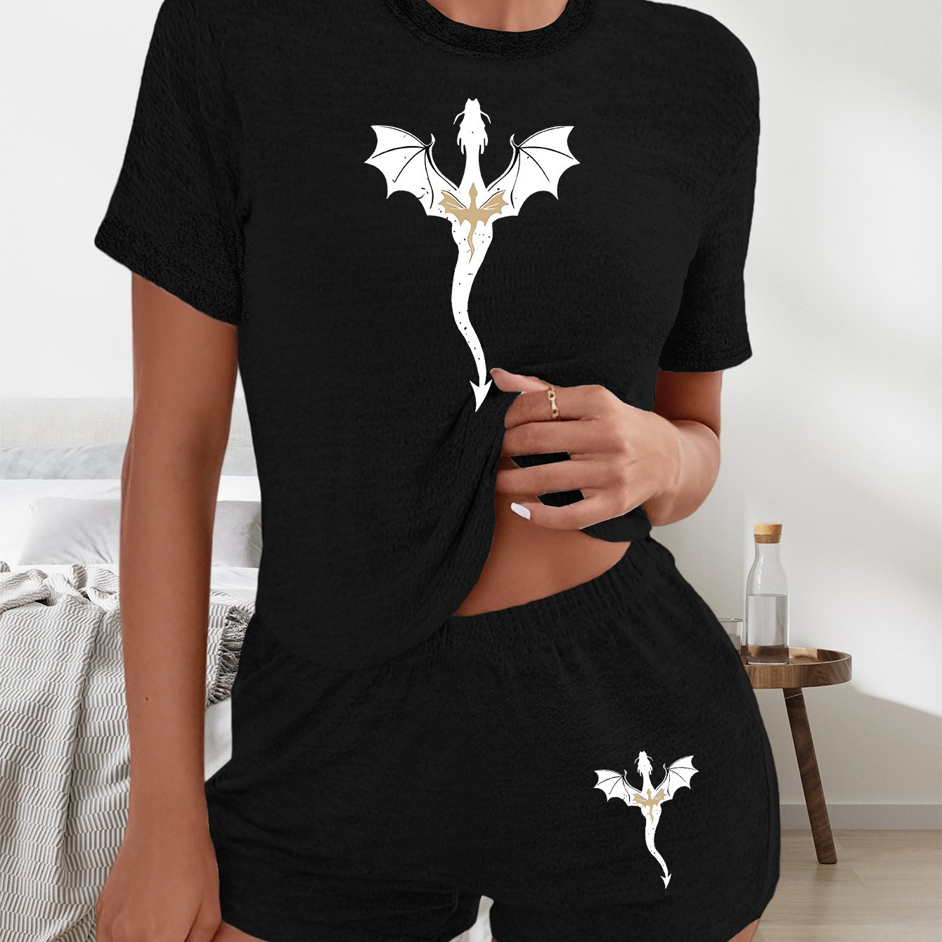 TEMU Graphic Print 2pcs Set, Short Sleeve T-shirt & Shorts, Women's Clothing