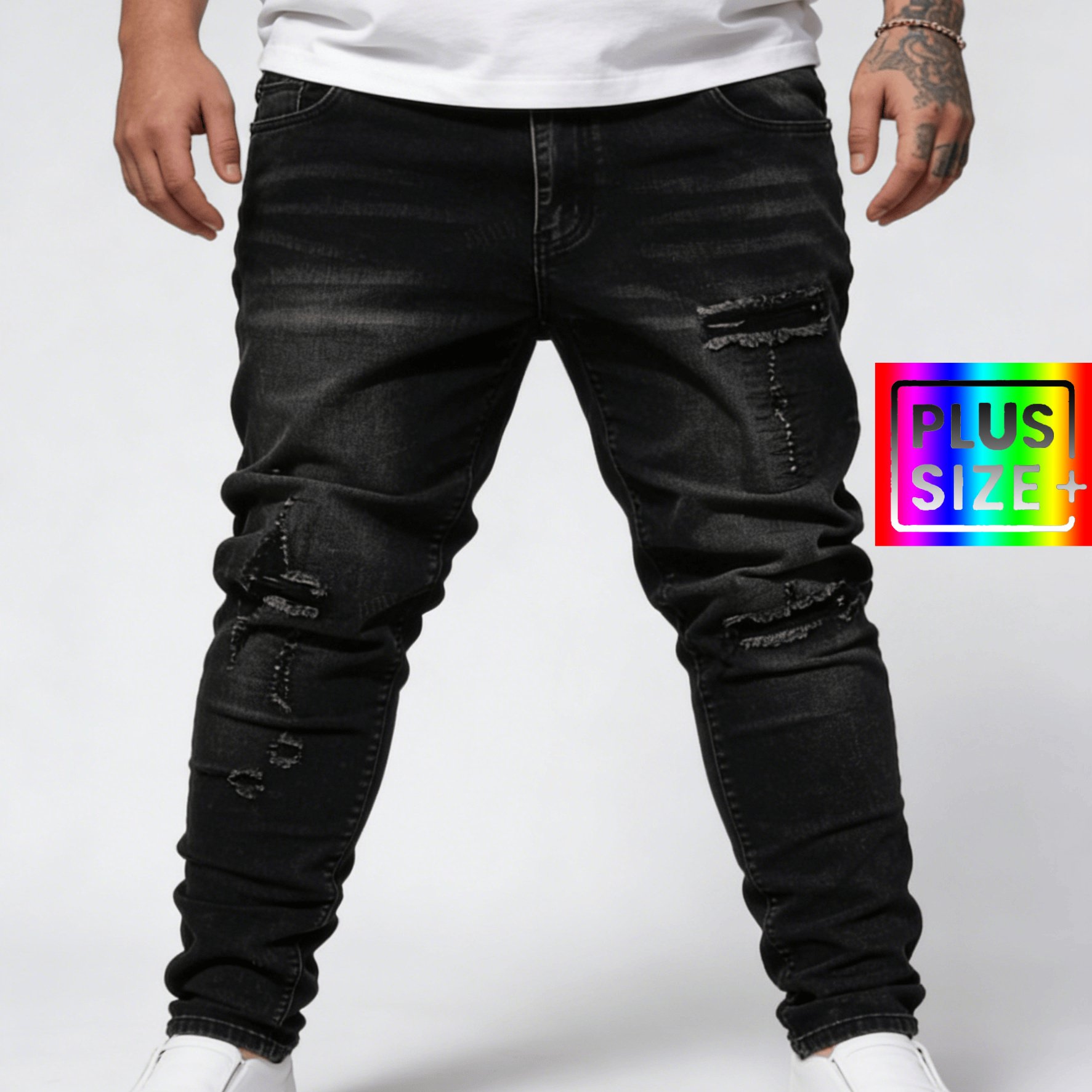 Image of Hme-139 Plus Size Men's Black Distressed Ripped Jeans Extra Large Slim Fit Stretch Jeans Fashion Style Jeans