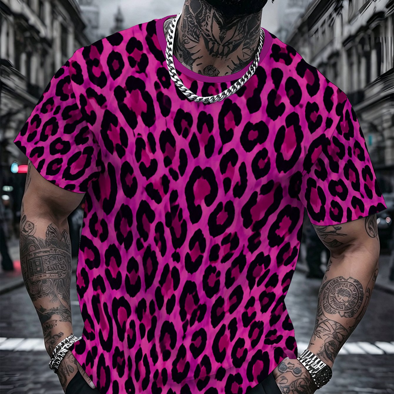 TEMU [printed Design, Not Textured] New Plus-size Men's Casual Sport T-shirt With Leopard Print Pattern, , Fashionable Casual Top, Suitable For Daily