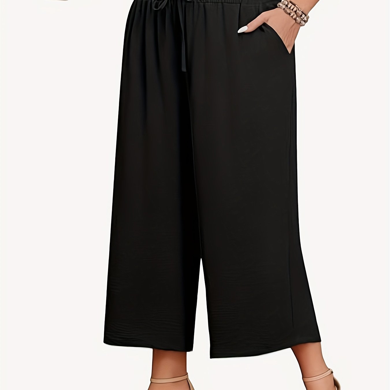 Plus Size, Women's Plus Size Wide-leg Pants, Loose Fit, High Waist, Casual With Tie, Fashionable Ankle Pants