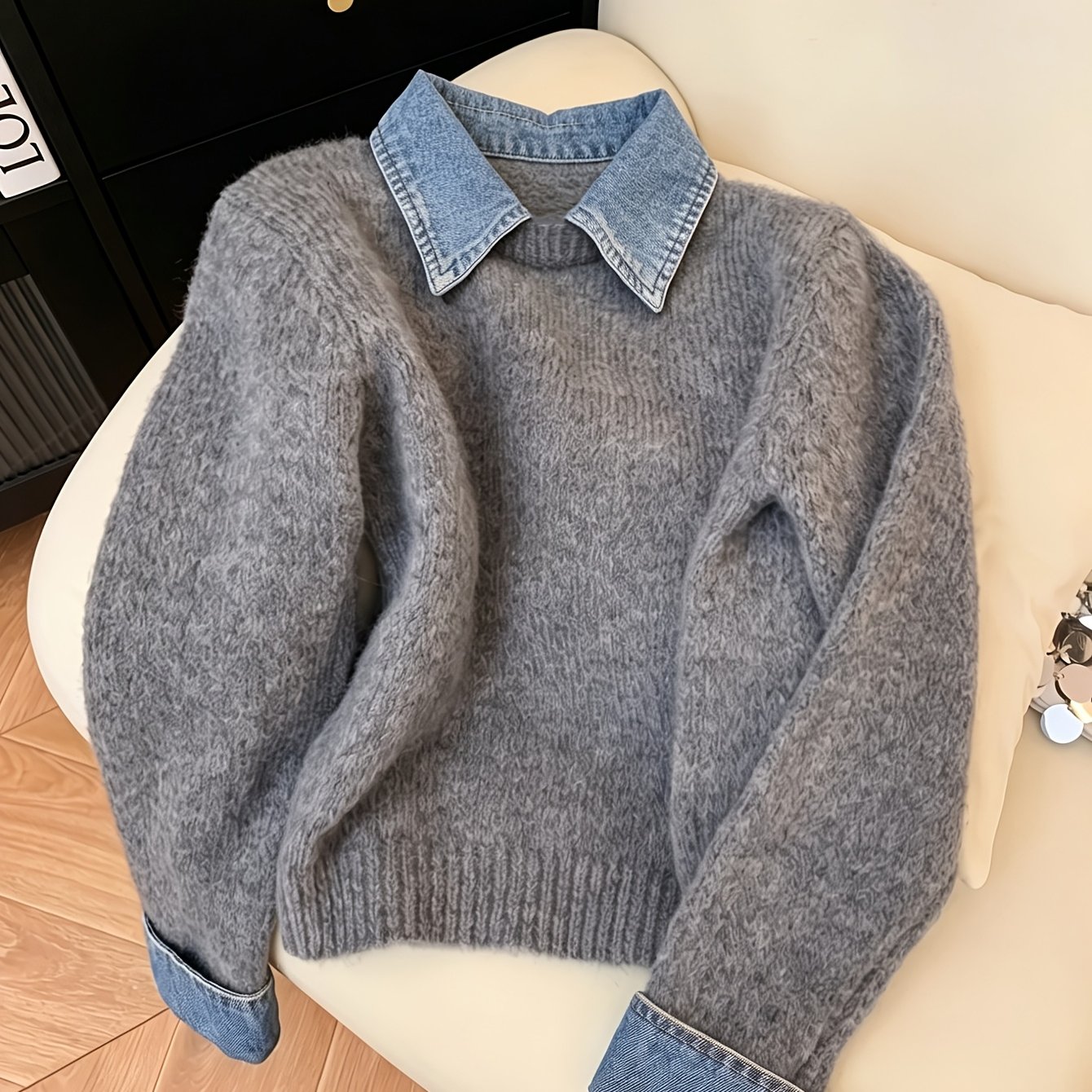 TEMU Nouveau pull-veste en jean patchwork de style européen et américain pour femme, tendance et élégant, à épaisse, pour /hiver