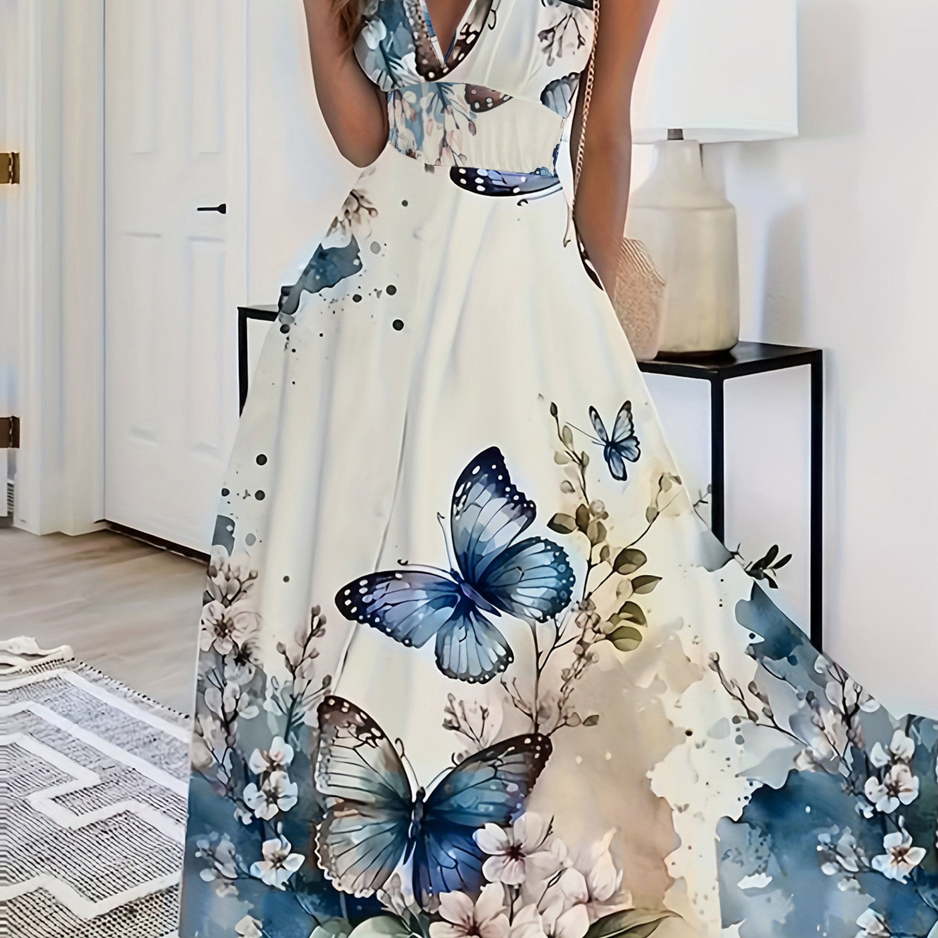 Image of Women's Floral & Print V-neck Sleeveless Dress - Fitted Top & Flowy Skirt, Breathable Casual Outdoor Dress, Machine Washable, Seasonal Fashion, Sophisticated Casual