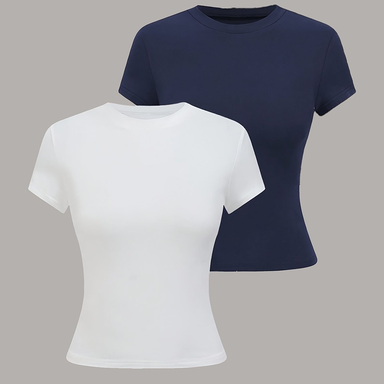 TEMU Conjunto de 2 camisetas de manga corta para mujer, color liso, cuello , estilo casual fácil, corte ajustado que realza , diseño de cuello ,