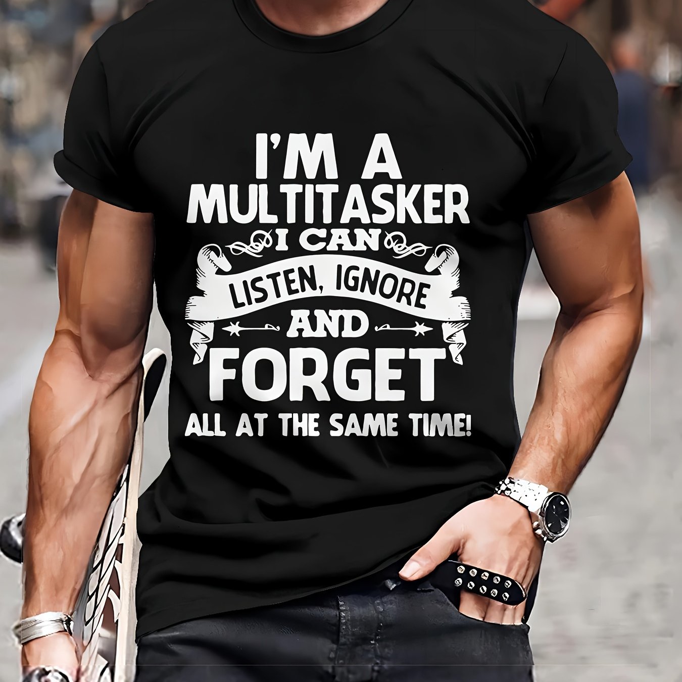 TEMU Men's Fashion Novelty T-shirt - "i " Humorous Print, Casual Black Polyester Tee, Crew Neck, Machine Washable - Perfect For Casual Wear And