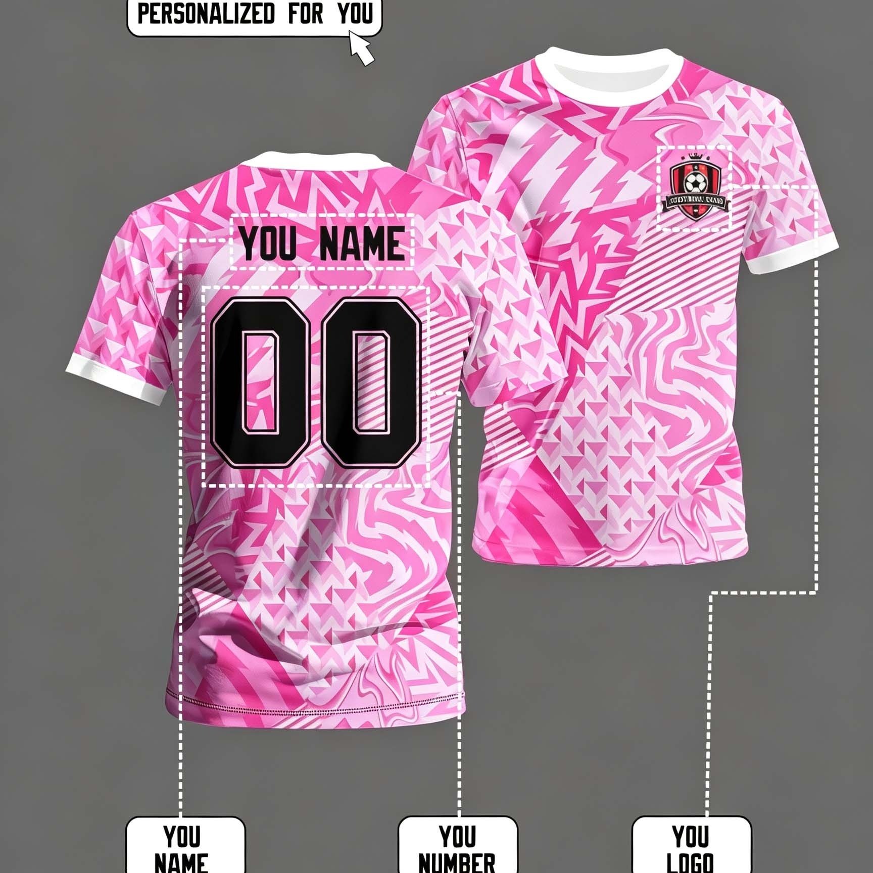 TEMU Custom Men's Short-sleeve Jerseys For Basketball And Soccer, Featuring A Pink Background, Geometric Patterns, '00', White Text '', Logo Design,