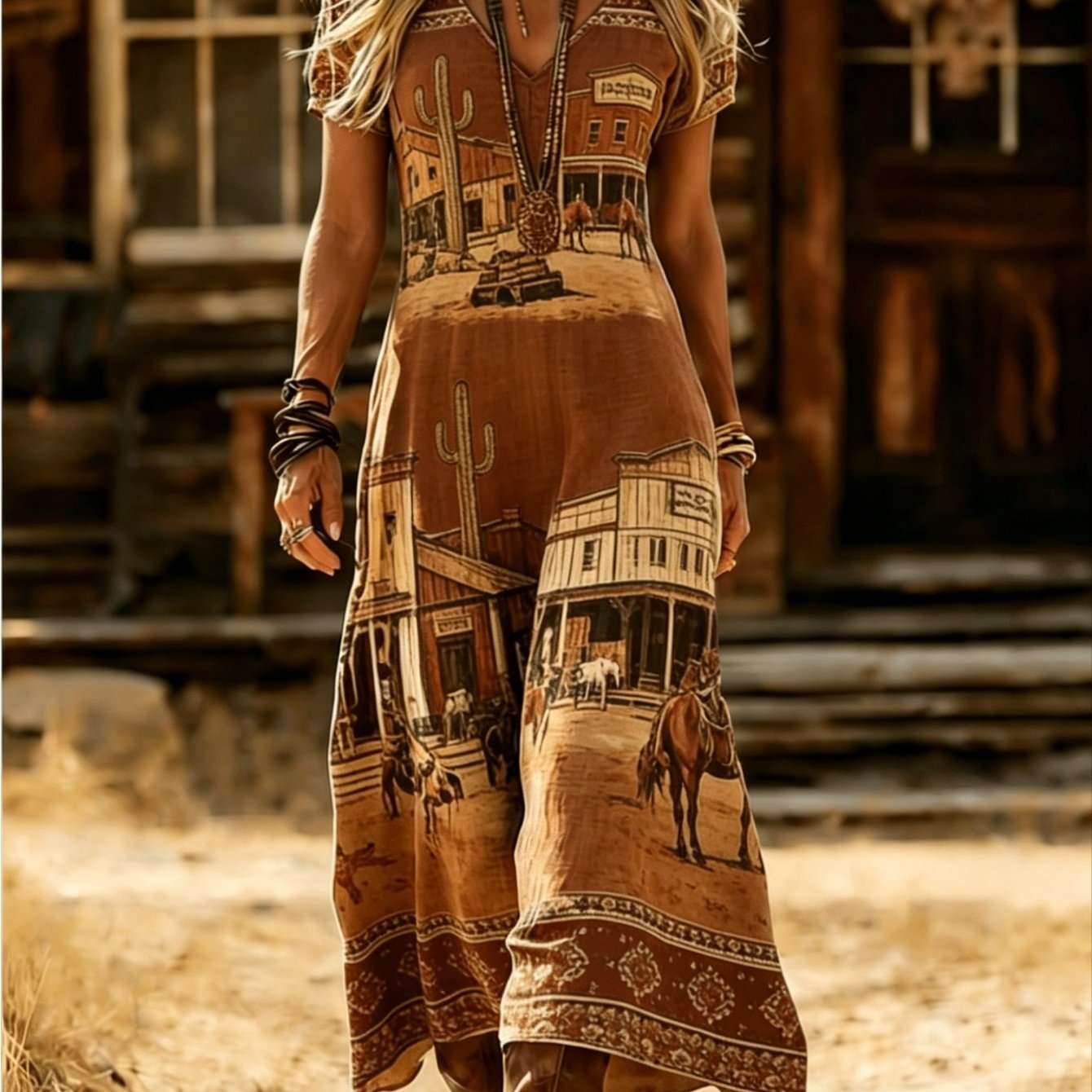 Image of Plus Size, Plus Size Women's Western Retro Bohemian Dress, Ethnic Print Short-sleeved Elegant Rocking Dress, The Fabric Is Light And Elegant, Retro Western Style Vacation Casual Dress, For Her