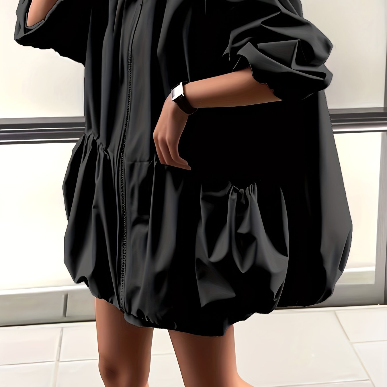 Plus Size, Style Casual Fashion Versatile Zipper Large Pocket Hooded Pleated Thin Oversized Jacket