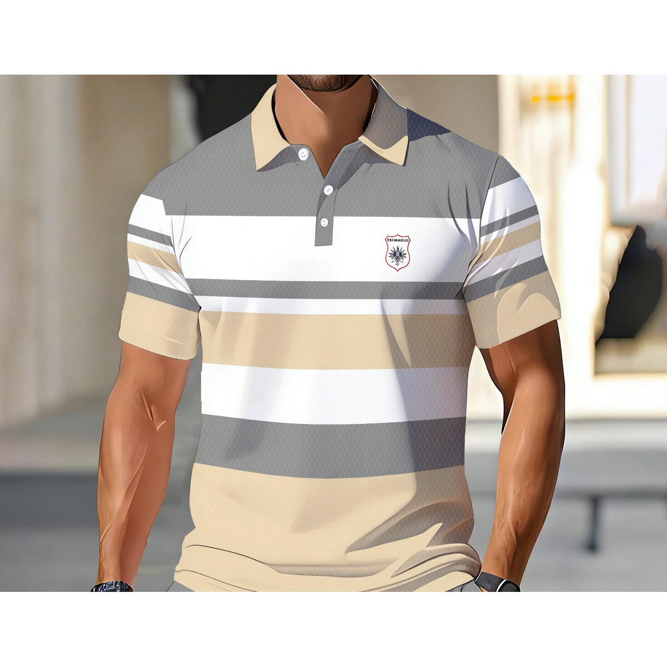 TEMU Summer 's Navy Brown White Contrast Striped Shirt, Business , Comfortable Breathable Fabric, Daily Versatile Short Sleeve Top [printe Esign-not