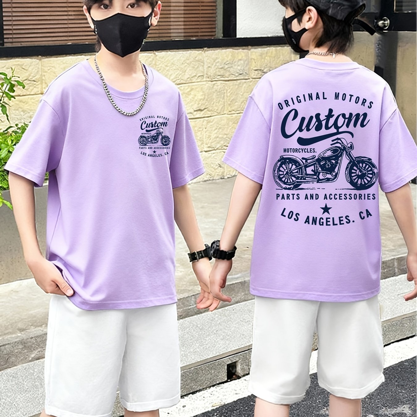 TEMU Fashionable Purple Short-sleeve T-shirt For Boys, Suitable For And Older Kids