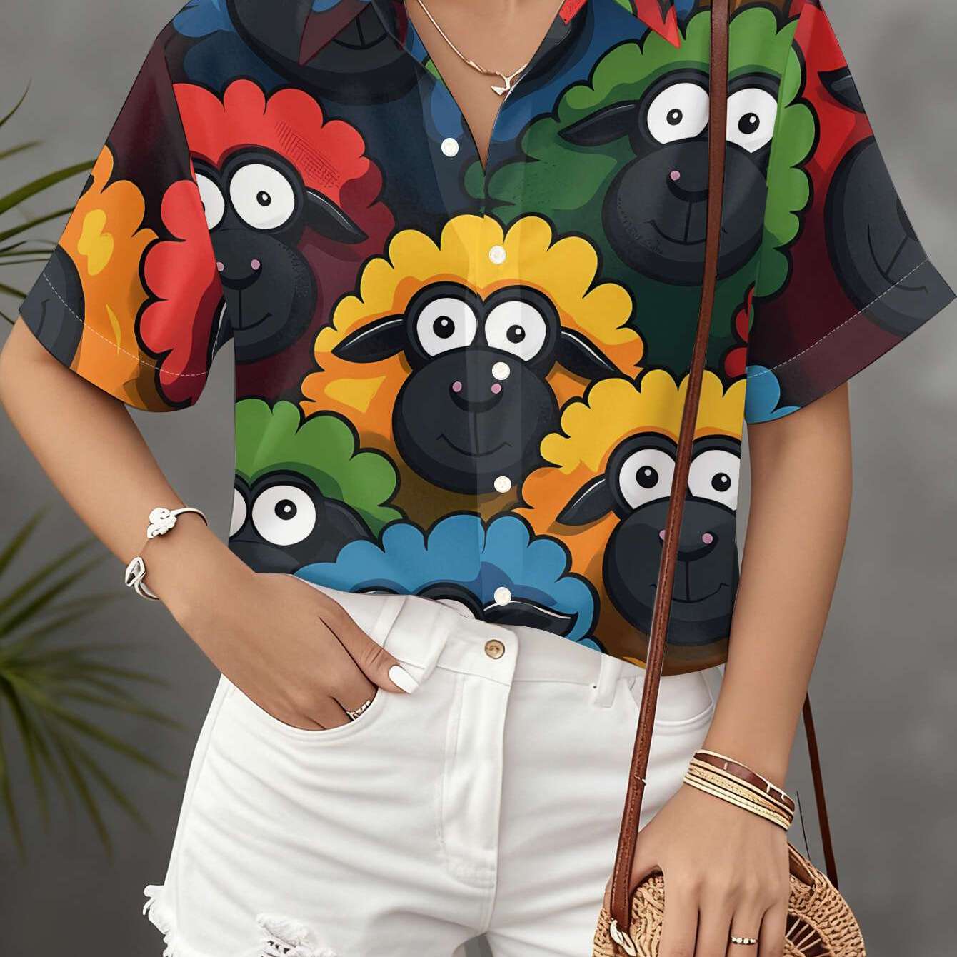 TEMU Camisa casual de manga corta para mujer con colores variados y agrupado de corderos de cara negra , top de mujer lavable a máquina, camisa de