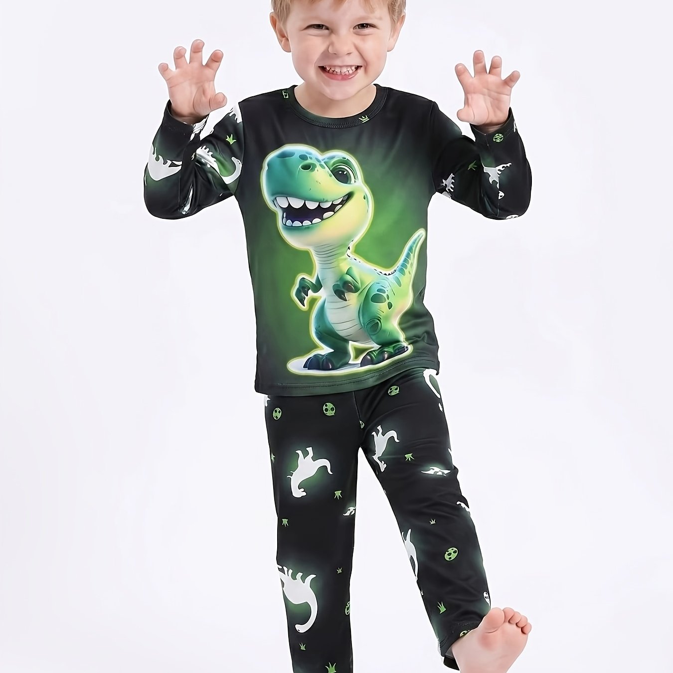 Image of Boys' Flame-retardant Dinosaur Pajama Set, Spring Lightweight Long-sleeve And Long-pants Set, Model Number 1615, With Information On The Side Seam Of The Waistband