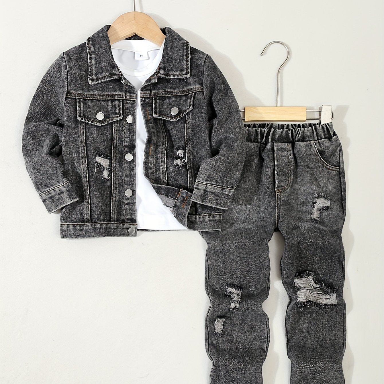Image of Autumn And Winter 3pcs Boys' Denim Set, Fashionable Lapel Denim Jacket + Ripped Jeans + Round Neck Base Shirt, For Outdoor