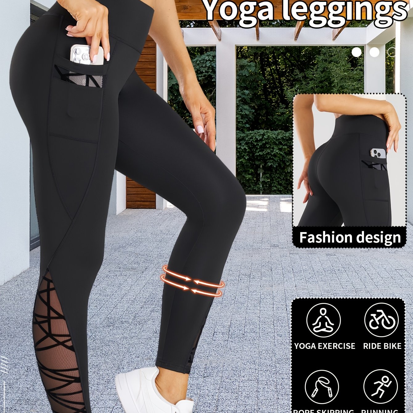 TEMU Ladies' Breathable Mesh Leggings With Irregular Black Stripes And Solid Color, Featuring Pockets For Sports