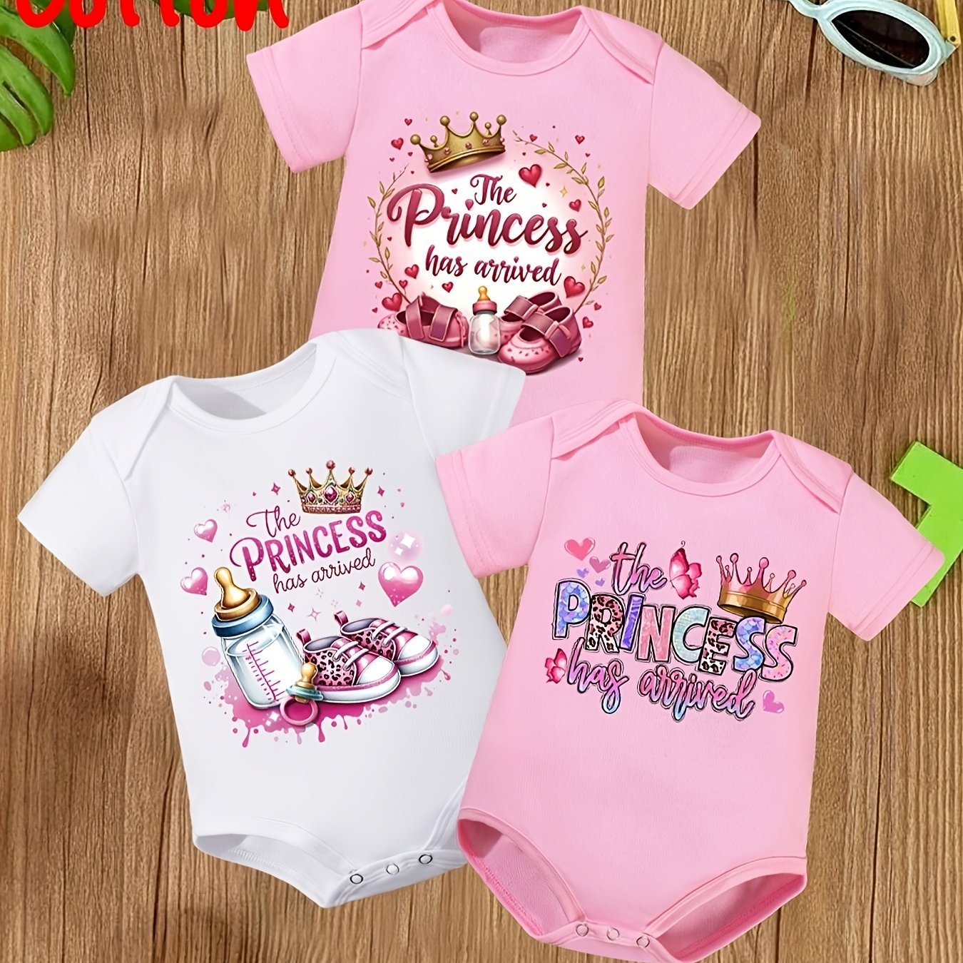 Image of 3pcs Newborn & Toddler Princess Letter Print Short Sleeve Bodysuit For Baby Girls, Perfect For Outdoor