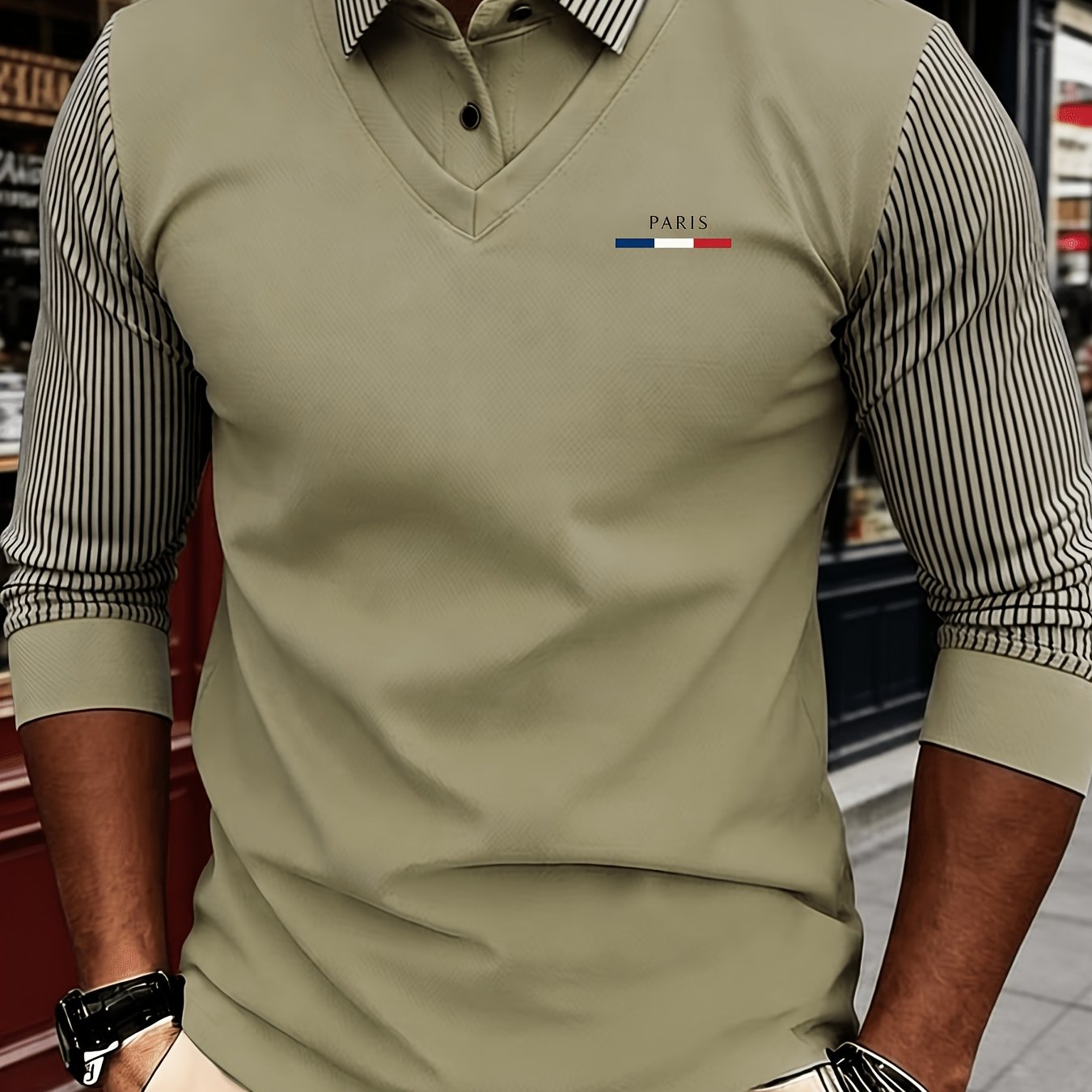 TEMU Men's New Knitwear Classic Lapel Long Sleeve 2-in-1 Look Shirt, Featuring A Stylish And Minimalist Geometric Print , With A Color- Collar And