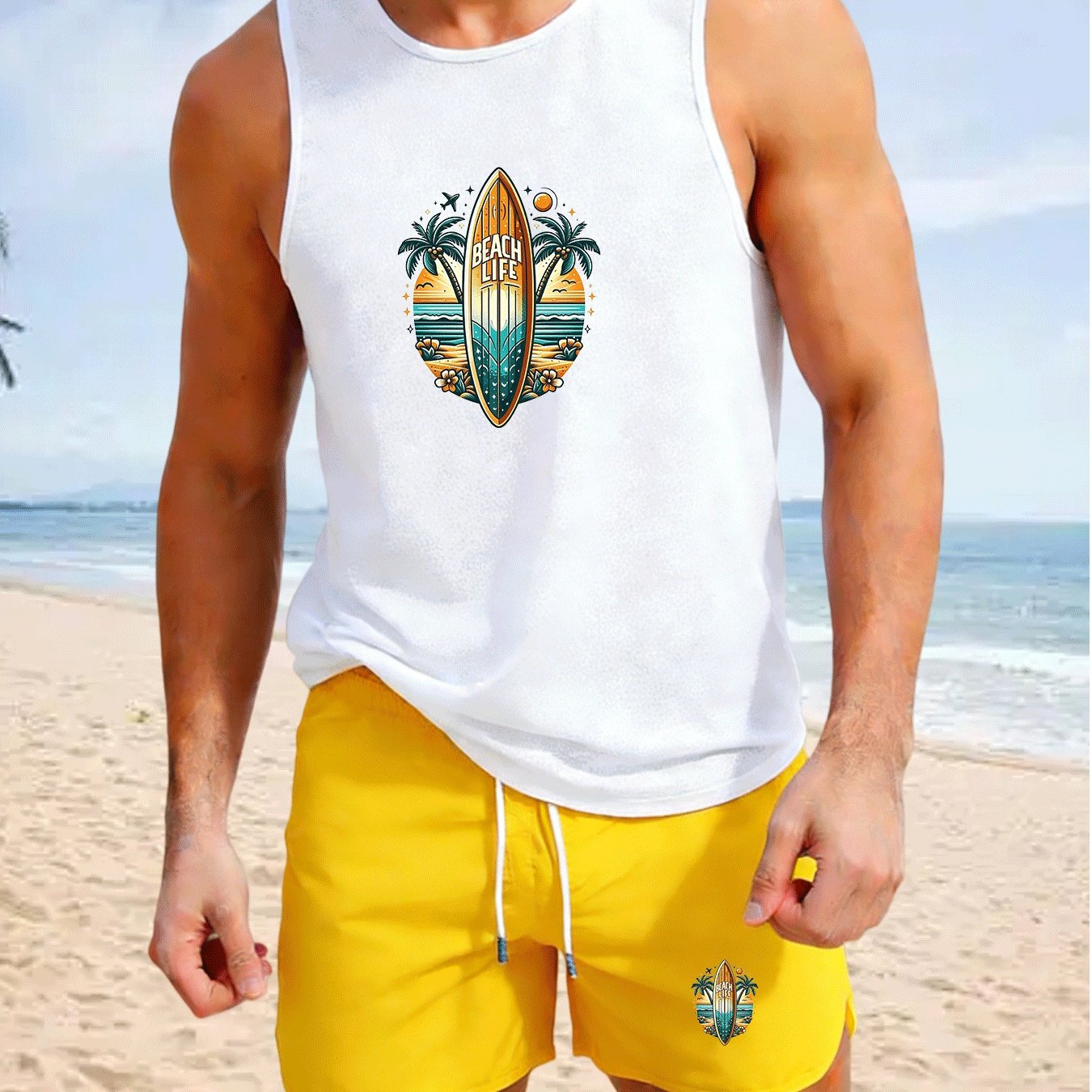 TEMU Men's Summer Sports Vest And Beach Shorts Set Running Hiking Beach Casual Trendyprint Breathable Sweat Absorbent Machine Washable Training Suit