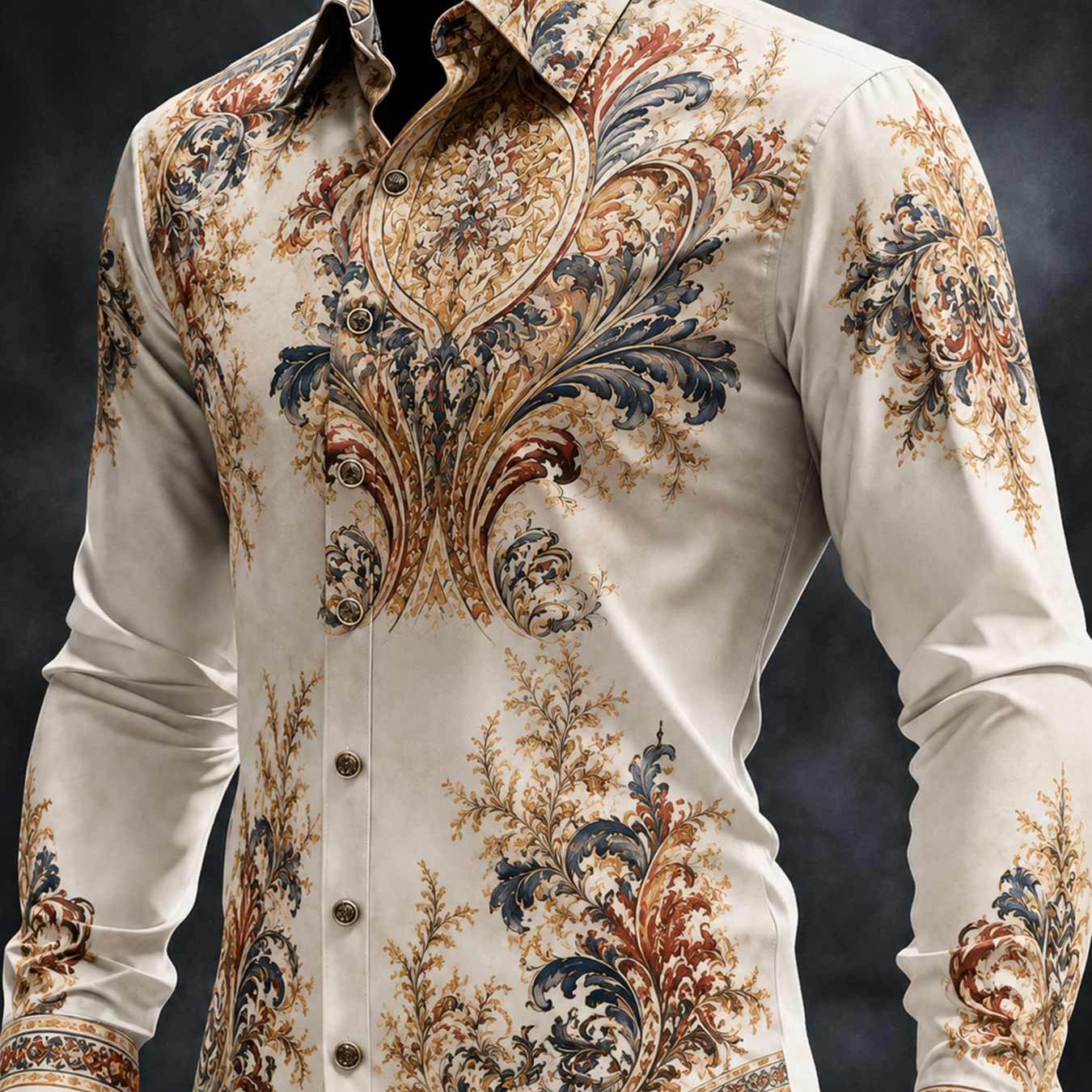 Men's Long Sleeve Shirt Vintage Baroque Print Men's Casual Streetwear Fashion Shirt Perfect For Evening Parties And Casual