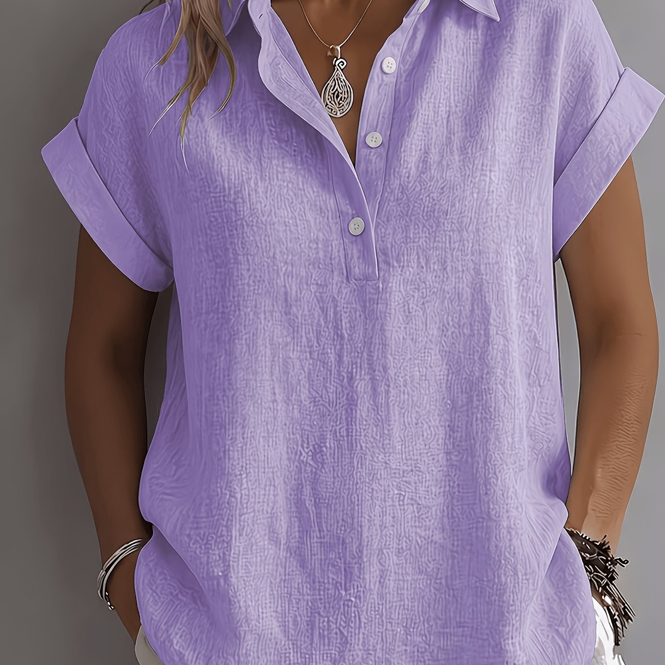 TEMU Plus Size, Plus Size Women's Elegant And Comfortable Summer Loose Fit Solid Short Sleeve Shirt, Lapel Daily Button Half-open Front Top For Women