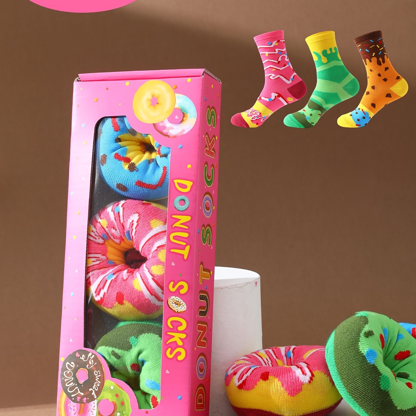 Image of 3 Pairs Sport Mid-calf Socks, Unisex Donut Socks, Creative Box Set, Spring Summer Comfortable Versatile Socks Ideal Gift For Valentine's Day/easter/ramadan/family Day