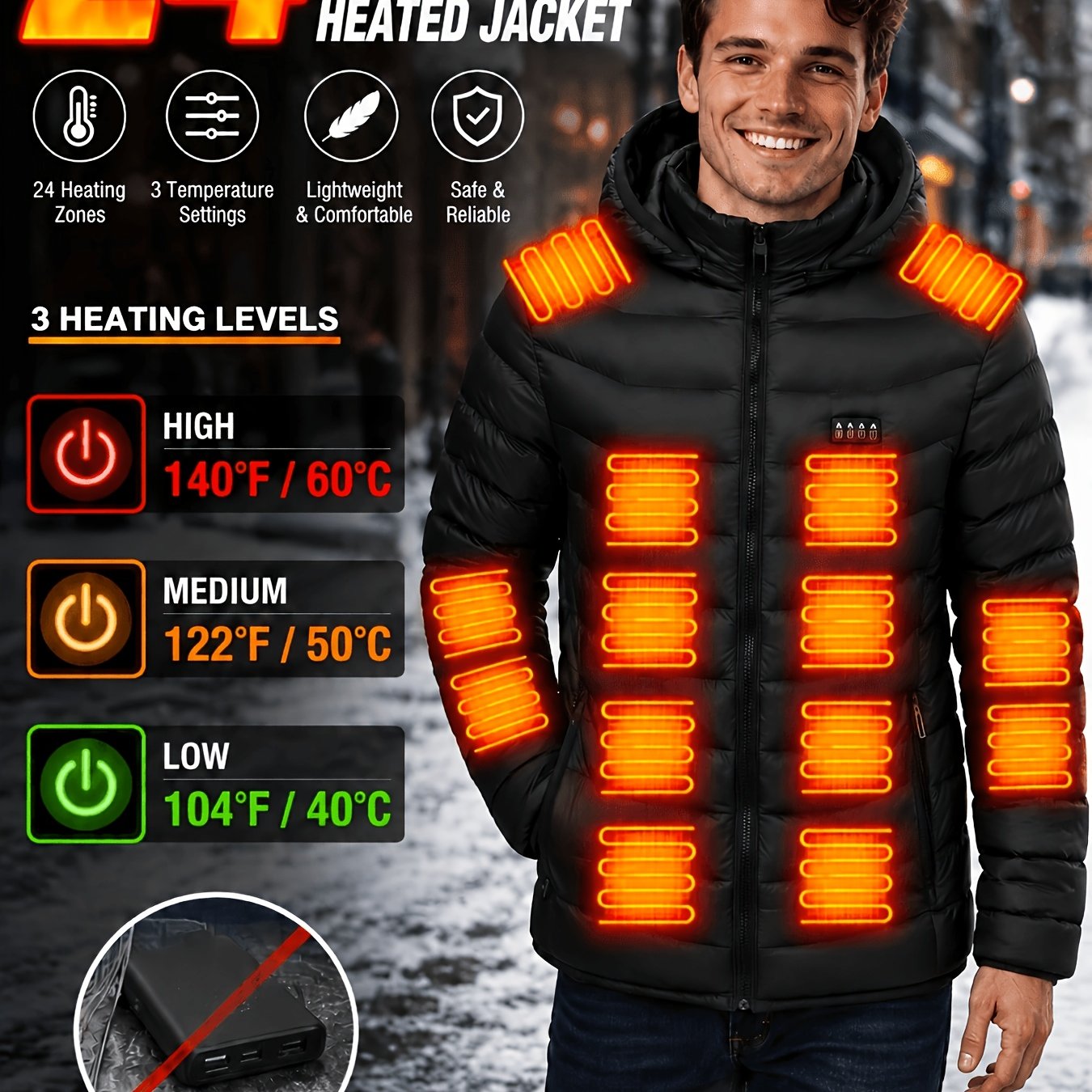 TEMU Unisex Heated Pullover Jacket With Pockets, Usb Powered (power Bank ), Perfect For Fall And Winter Outdoor Wear, Halloween Christmas New Year