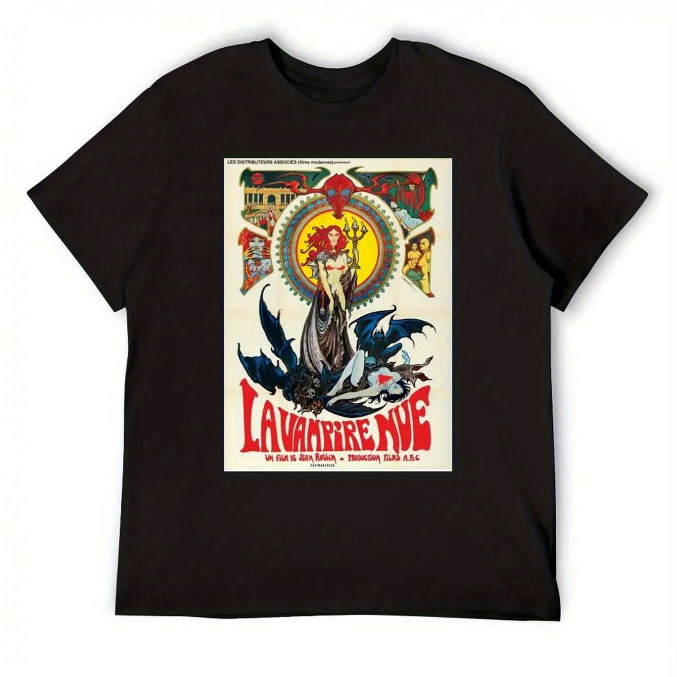TEMU T-shirt pour homme grande taille La Vampire Nue - Design vampire vintage avec chauves-souris et accents rouges, style bohème, manches courtes,