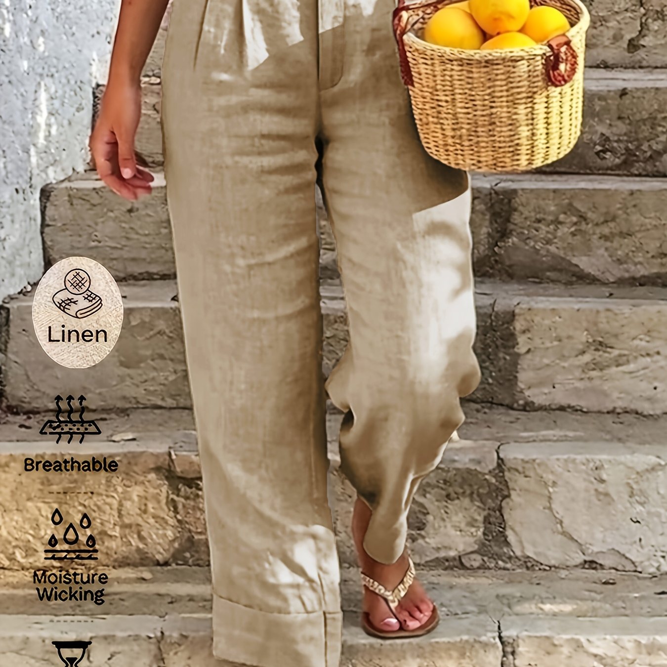 TEMU Women's Linen Material Solid Pleated Casual Daily Wear Ankle Length Linen Trousers, Women's Casual Linen Comfortable Long Pants