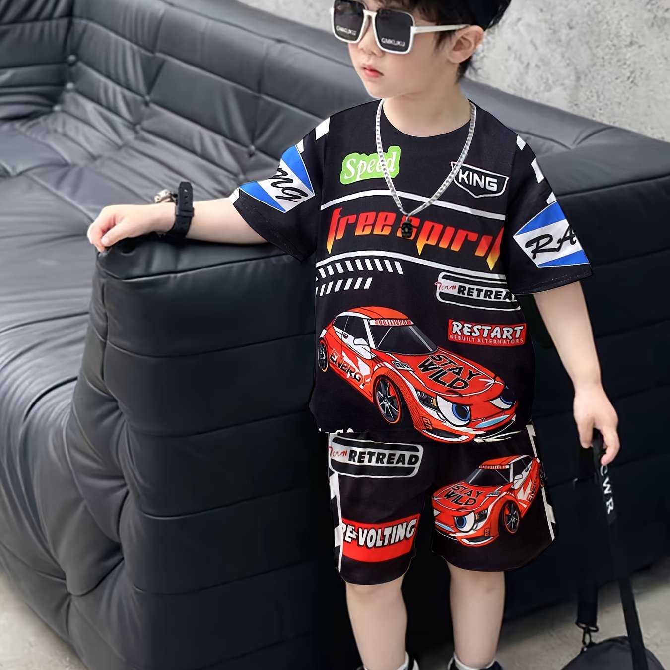 TEMU 2-piece Casual Co Ord Set For Boys, Sports Car Print Versatile Short Sleeve Tee And Shorts, Comfy Summer Clothes