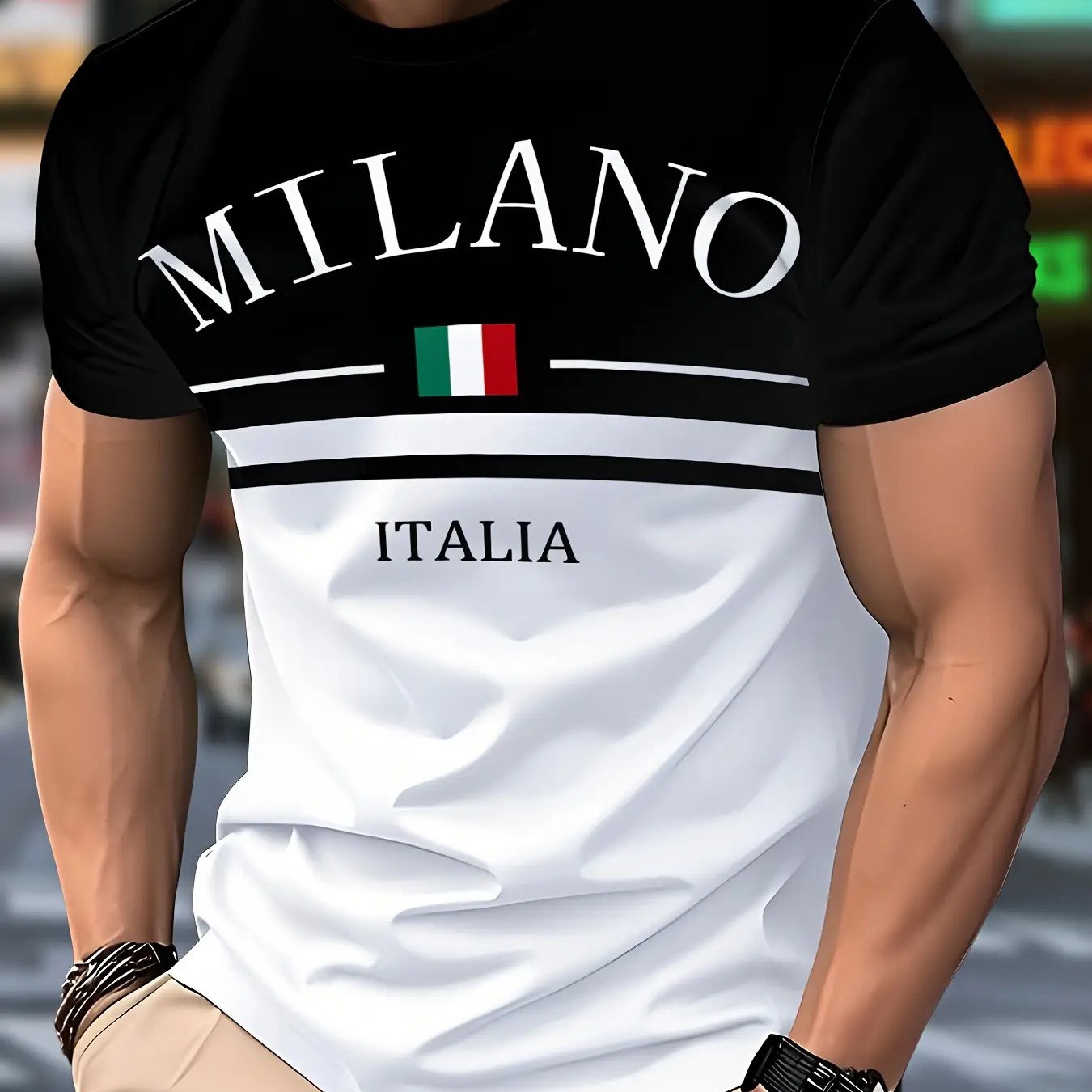 TEMU Men's Italy-themed T-shirt With Italian Flag & - Casual Round Neck Tee, Italian Design Suitable For Italian Events & Casual Attire
