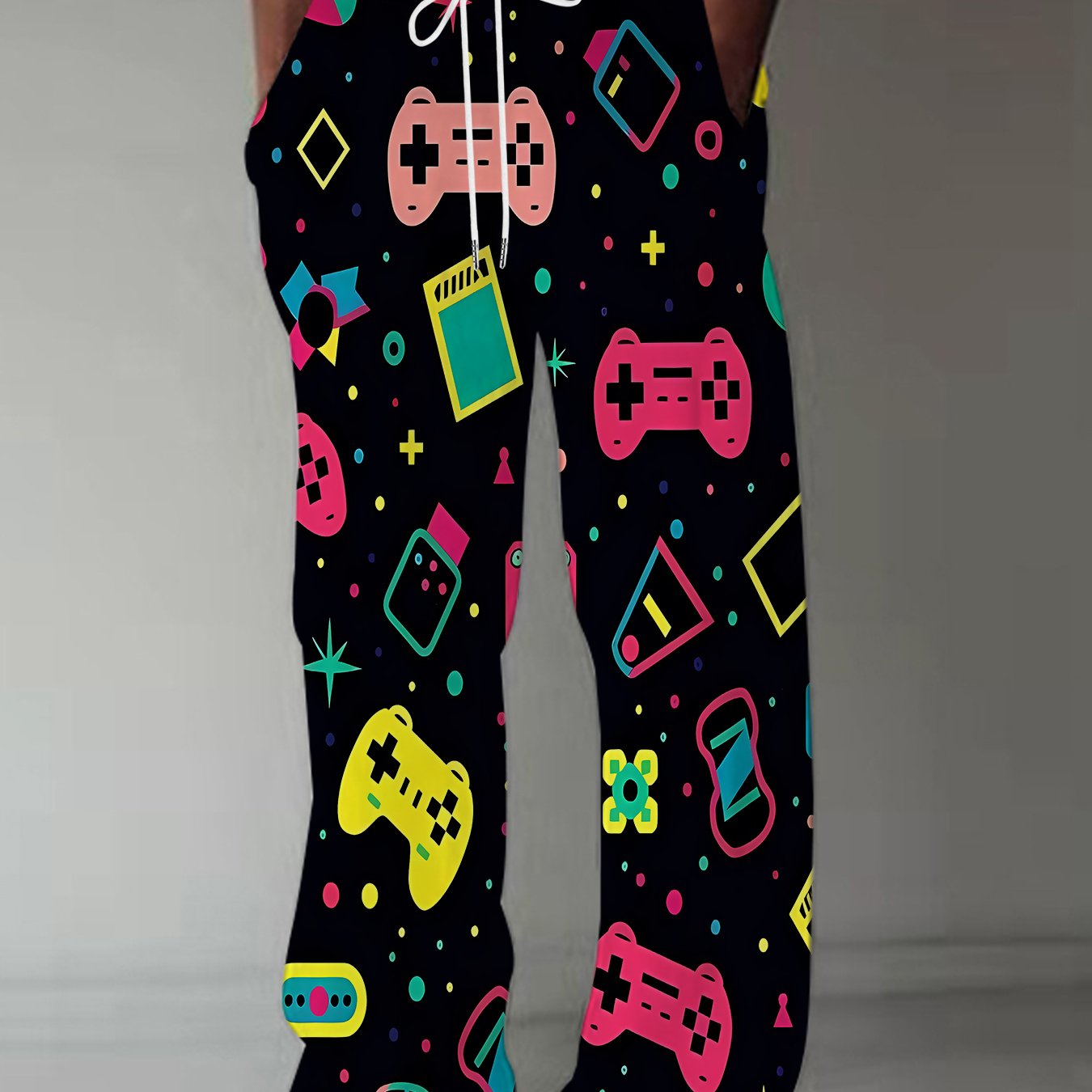 TEMU Men's Wide-leg Loose-fit Full-body Print Straight-leg Pants With Game Controller & Geometric Patterns - Casual Gaming Outfits, Straight-leg