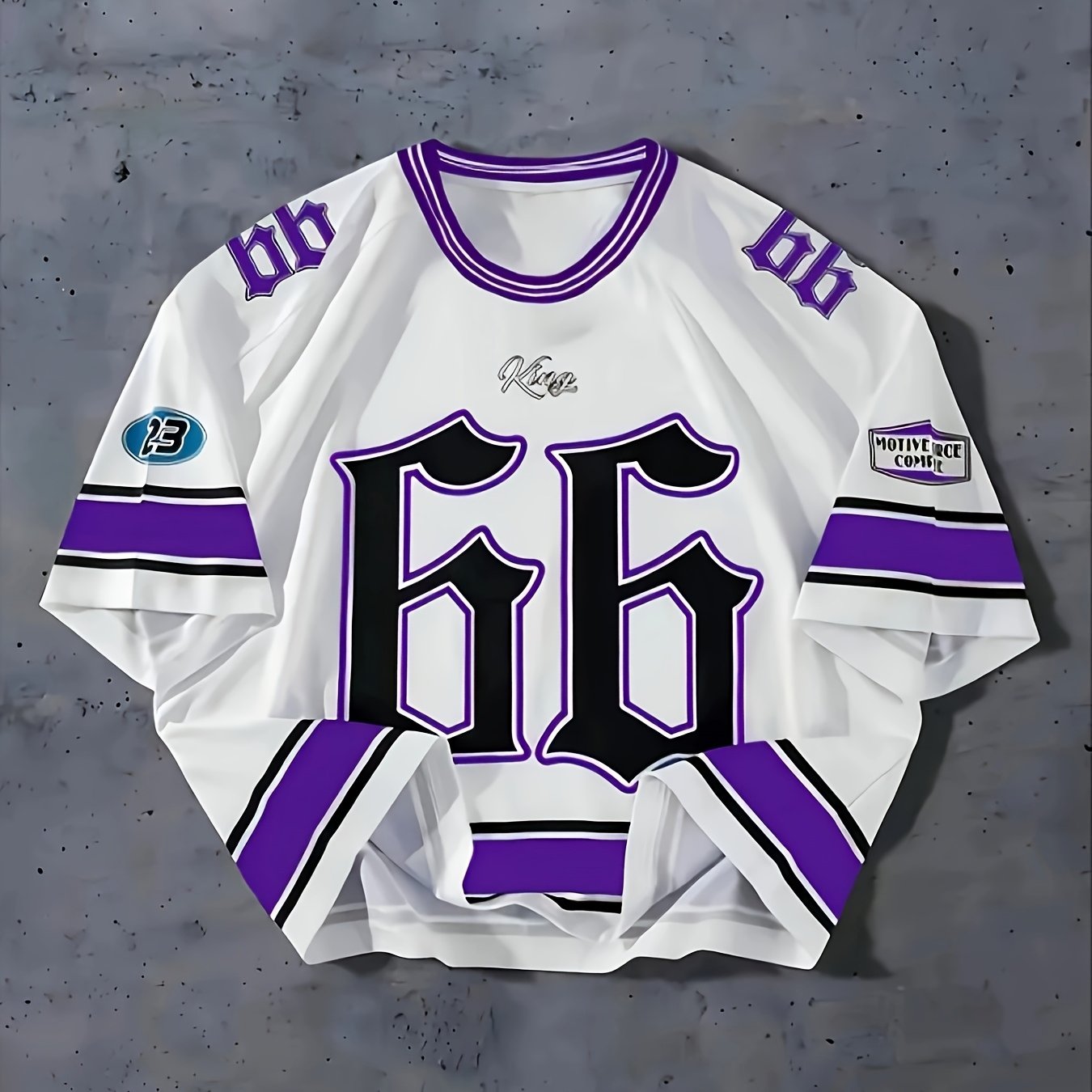 Image of The Fashionable And Sporty White Jersey, Decorated With Purple And Black Stripes, And -catching Number "66" And "king" Highlight The Fashionable Style