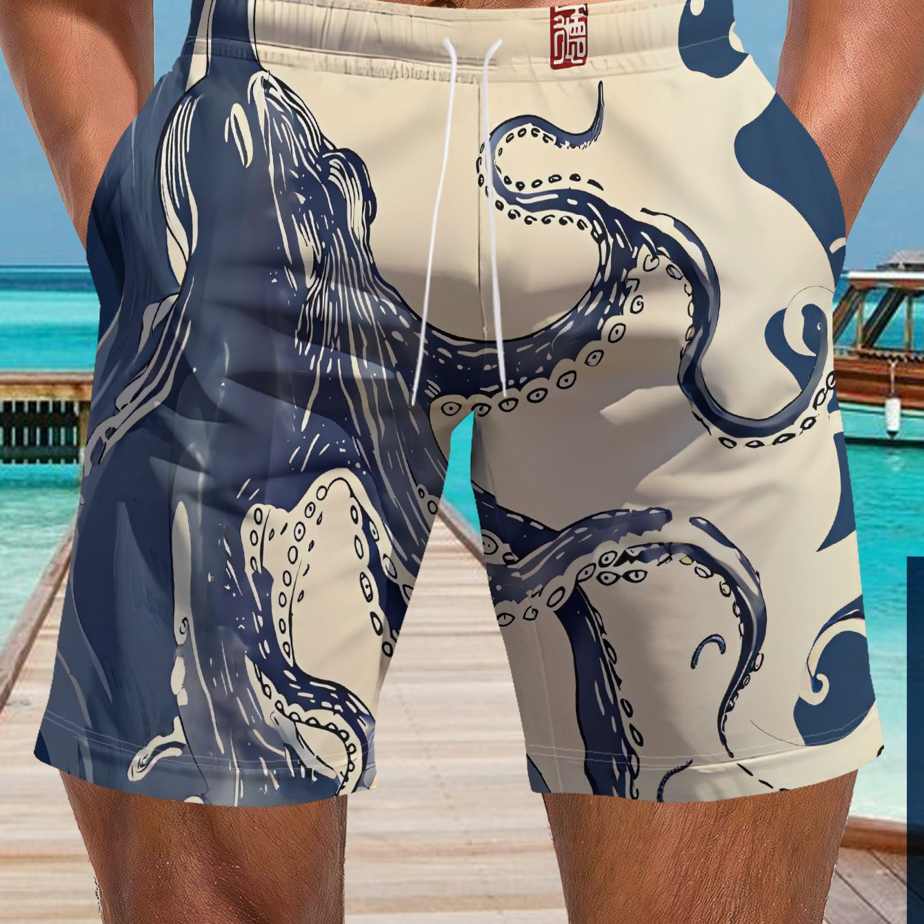 TEMU Men's Japanese -e Octopus Print Beach Shorts, Trendy Retro Creative , Casual Drawstring Shorts, Versatile For Outdoor And Streetwear, Statement