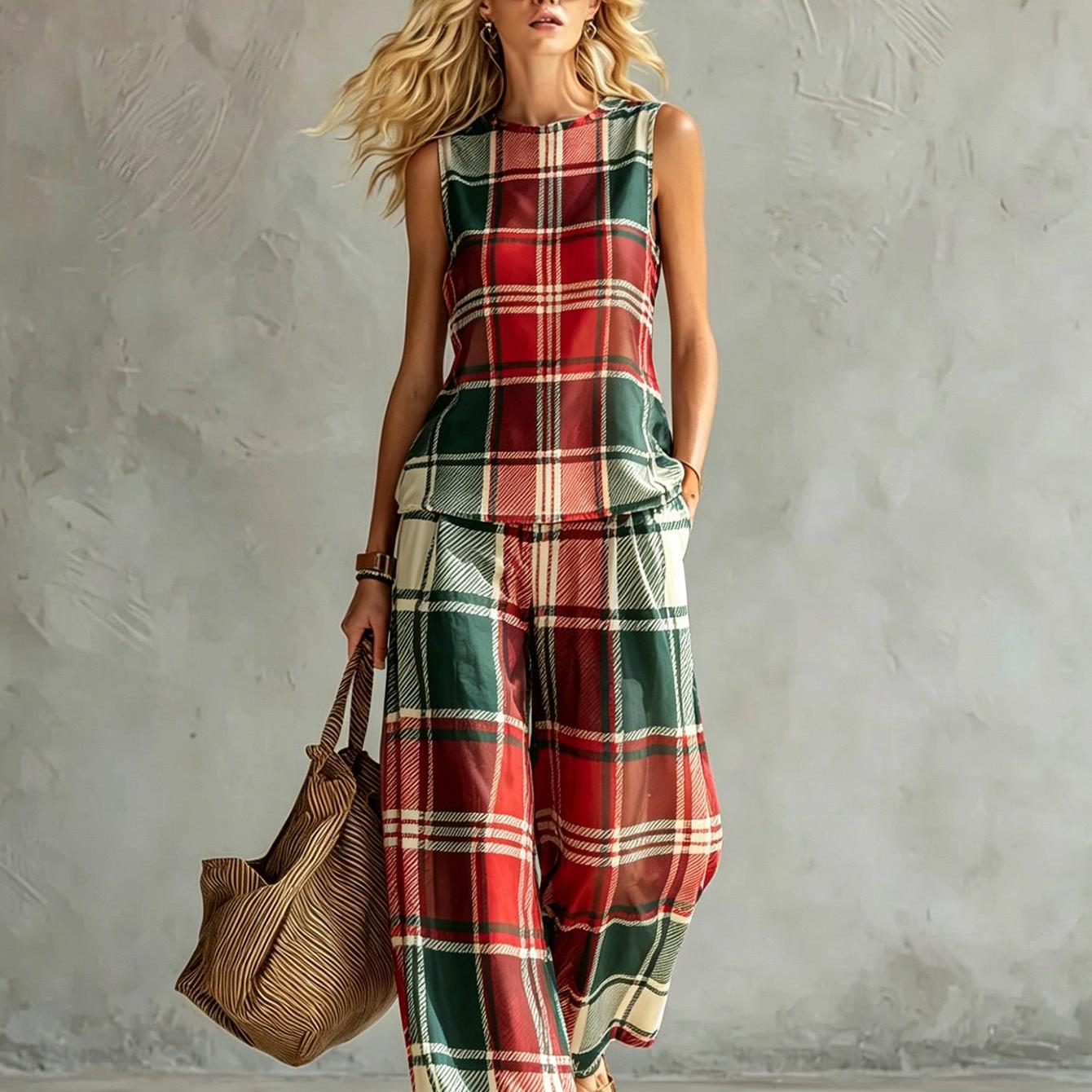 Image of New Women's Summer Clothing: Top + Pants Set Red Green White Summer Women's Vest Set Casual Wear Machine Washable Polyester Fiber Simple And 2pcs Set 2d Flat Printing Summer, 2d Flat