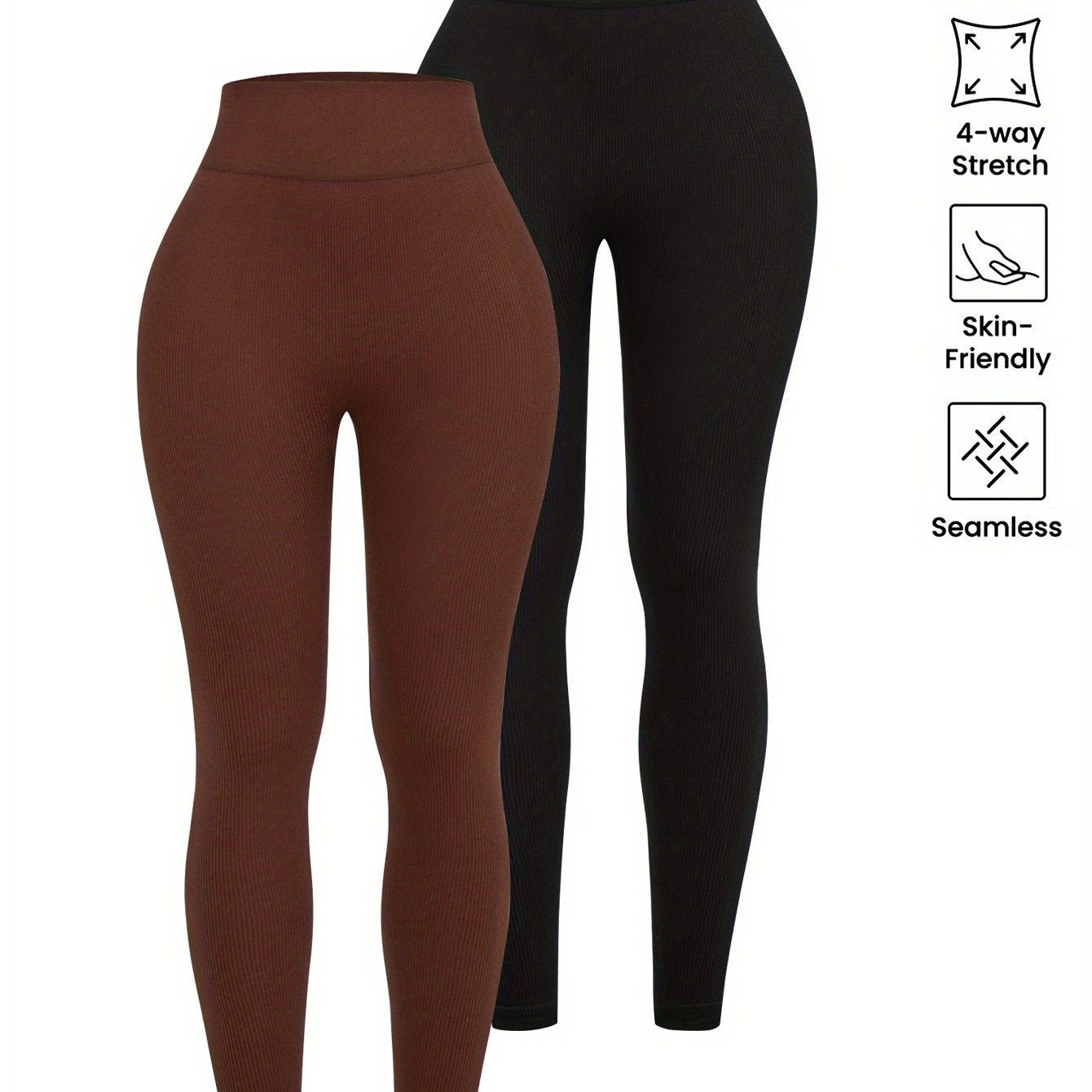 TEMU Pack de 2 Pantalones de Yoga de Cintura para Mujer - Leggings de Entrenamiento para Abdomen con Levantamiento de Glúteos, Color Sólido - Uso en