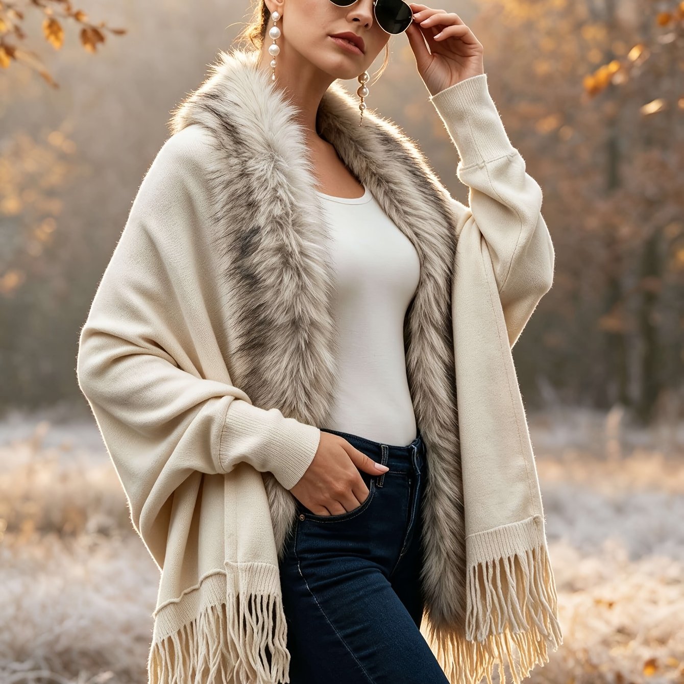 TEMU Talla Grande - Talla Grande - Día de Otoño Invierno Capa Oversized Borla Capa Chal Suéter Holgado Abrigo Color Puro