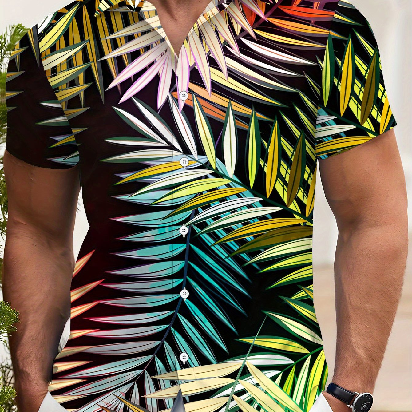 TEMU Men's Vibrant Tropical Leaf Print Short Sleeve Shirt - Casual Summer Beachwear, Lightweight Polyester, Button-up Collar, Casual Attire, Beach