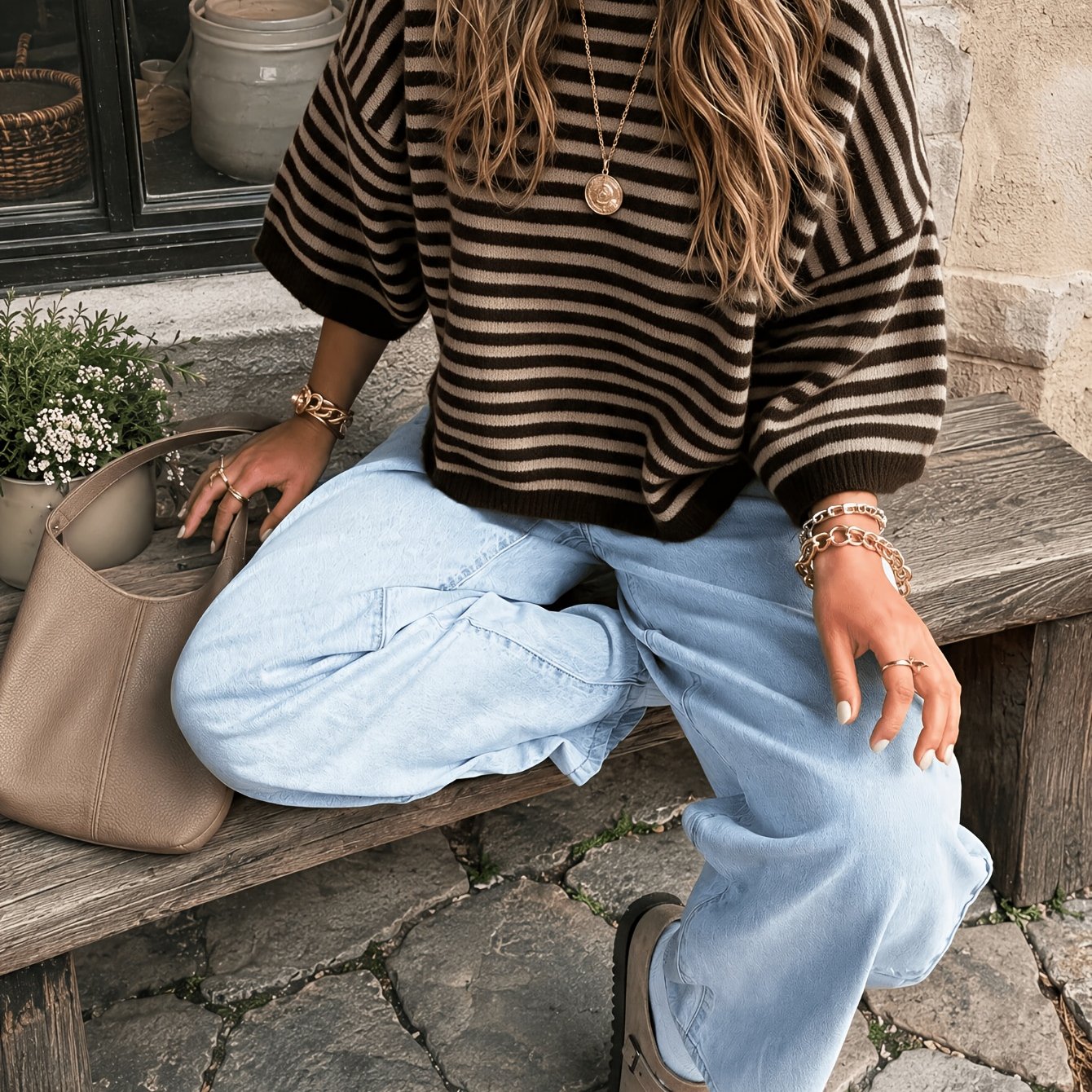 TEMU Vintage Striped Three-quarter Sleeve Sweater For Women, Loose Drop-shoulder Crew Neck Cropped Pullover Top, Autumn/winter Casual Lazy Style