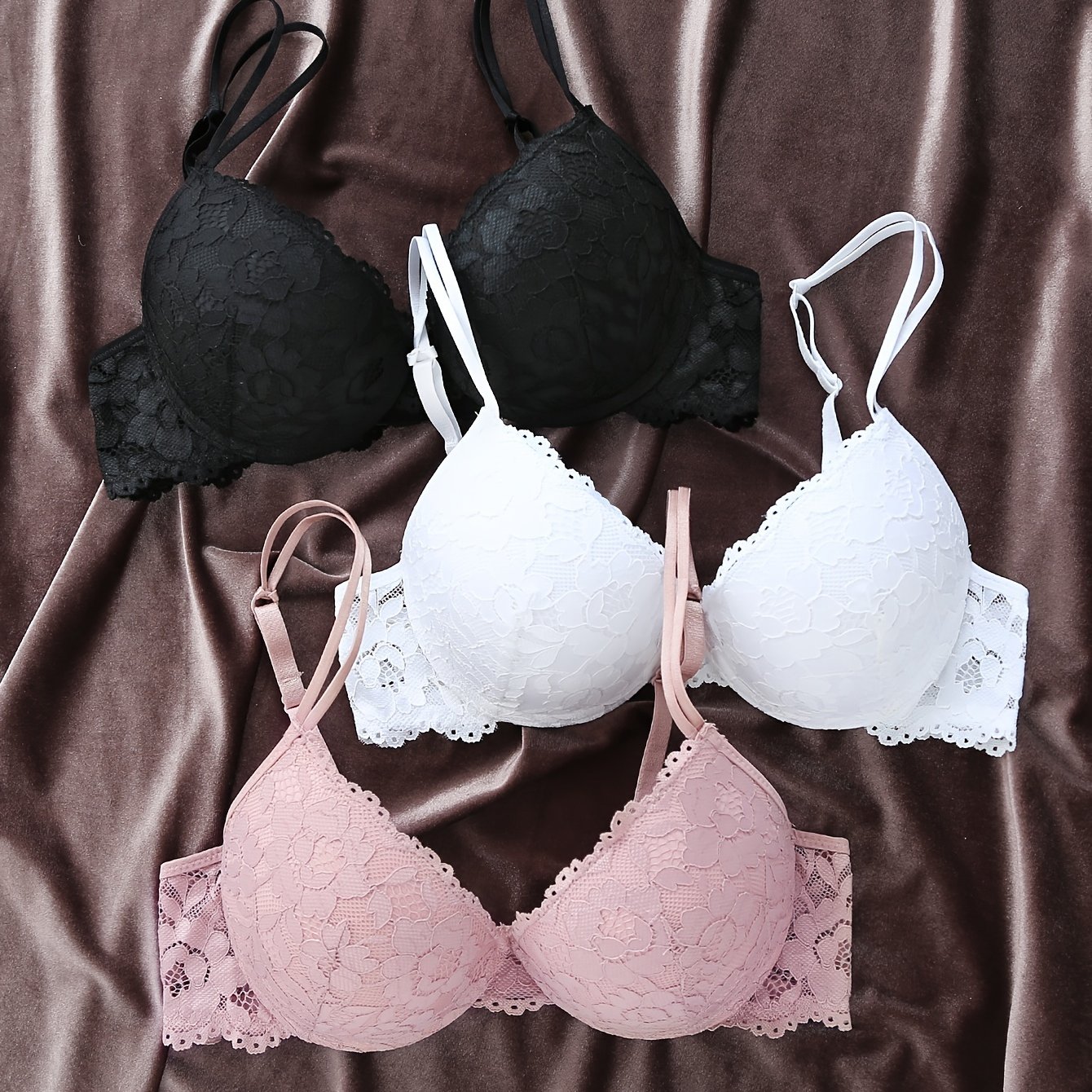 3pcs Lace Medium-thick Cup Push-up Women's Underwear Bra Set