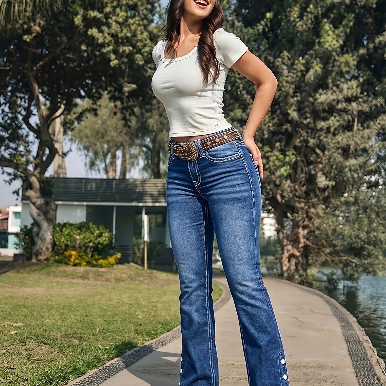 Image of Women' High-waisted Stretch Bell-bottom Jeans - Vintage Washed Blue Distressed Denim Pants With Button Closure & Flap Back Pocket, Beltless Suitable For Mature Women, Machine Washable Retro Trousers