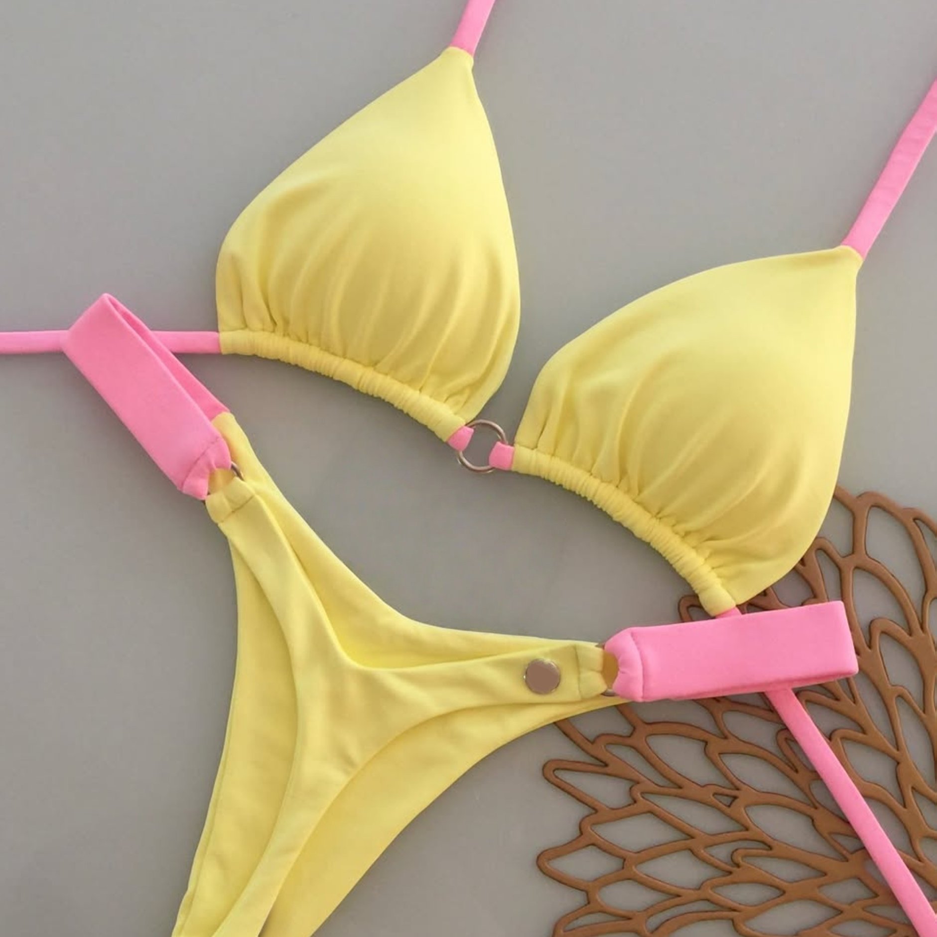 TEMU Women's Swimsuit, /summer Solid Color Sexy Bikini Set, Color- Lace-up Backless Triangle Top And Swim Briefs, Suitable For Summer Seaside