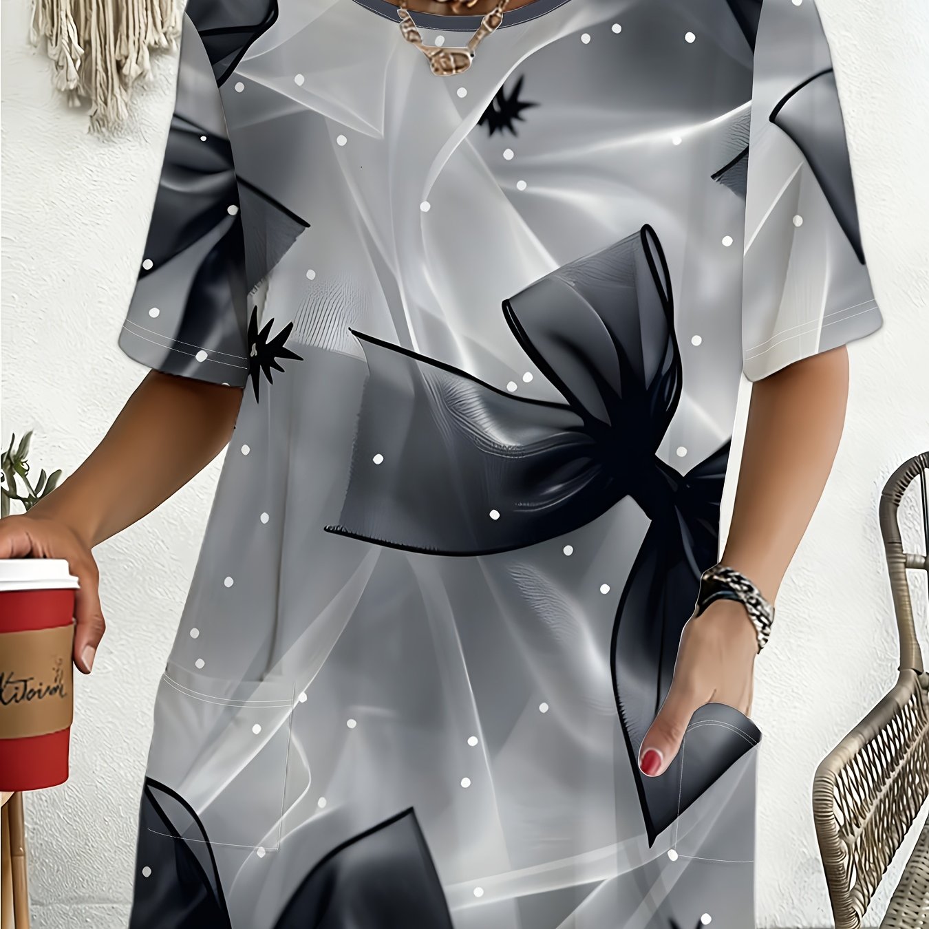 TEMU Gray Abstract Print Loose Short Sleeve Women's Fashion Casual Summer