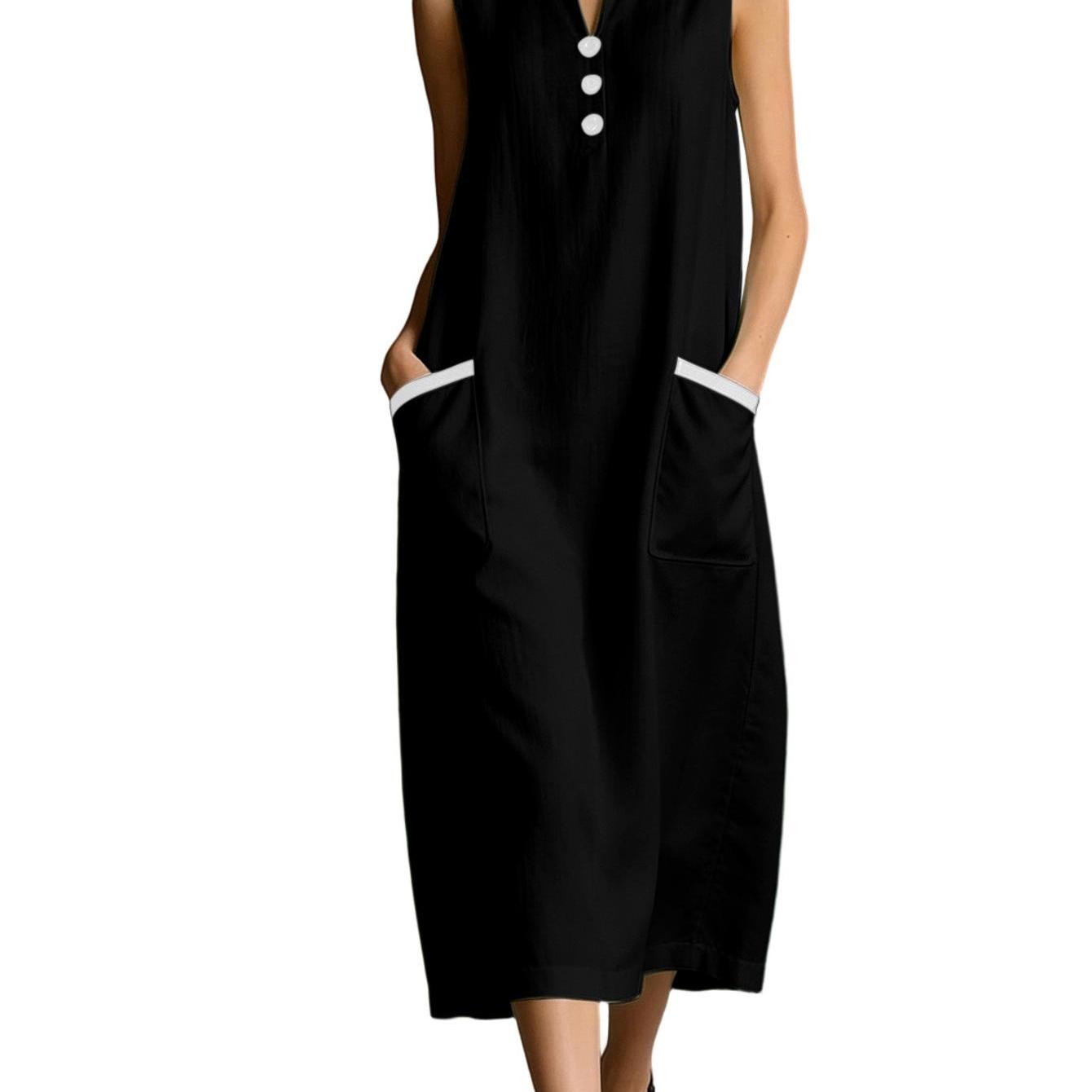 Image of Women's Casual Pocket Summer Dress Sleeveless Contrast Peter Pan Collar Maxi Dress With Decorative Buttons, Soft Flowy Lightweight Comfy Fabric, Designed For A Relaxed Fit Suitable For Everyday Use