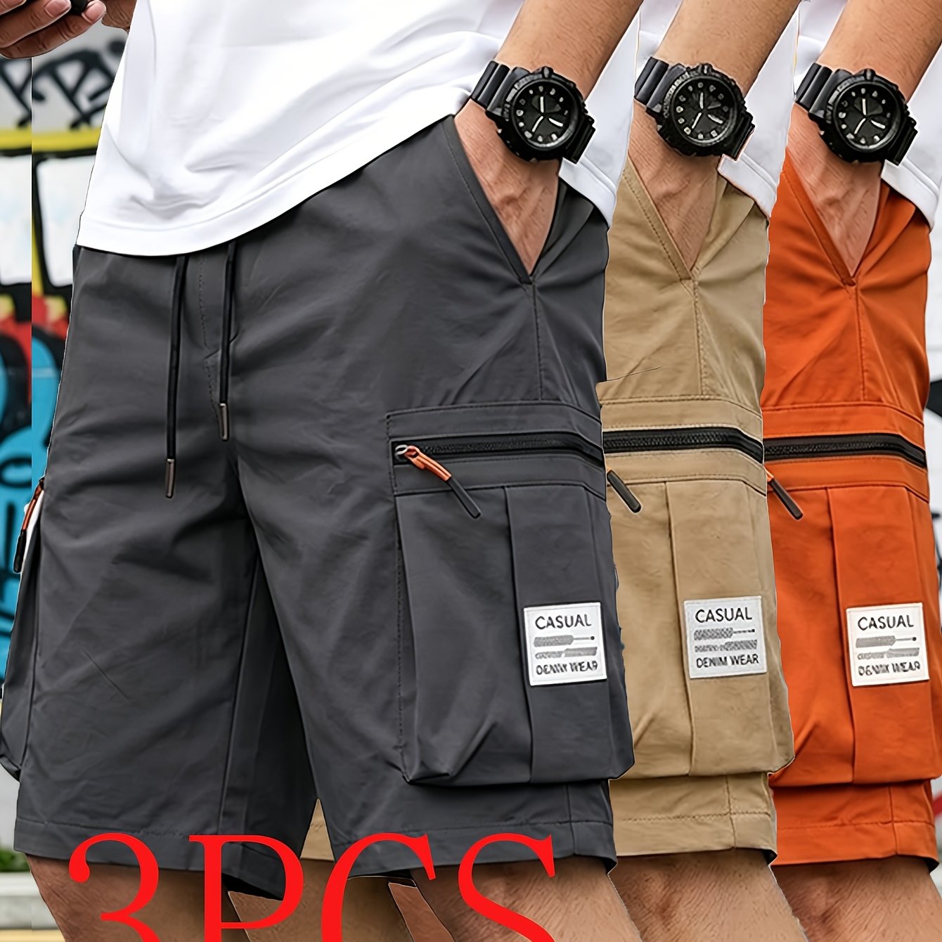 TEMU 3pcs Men's Cargo Pants, Men's Shorts, Plus Size Cargo Shorts, Knee-length Pants, Loose Summer Multi-pocket Shorts, Solid Color Cargo Shorts,