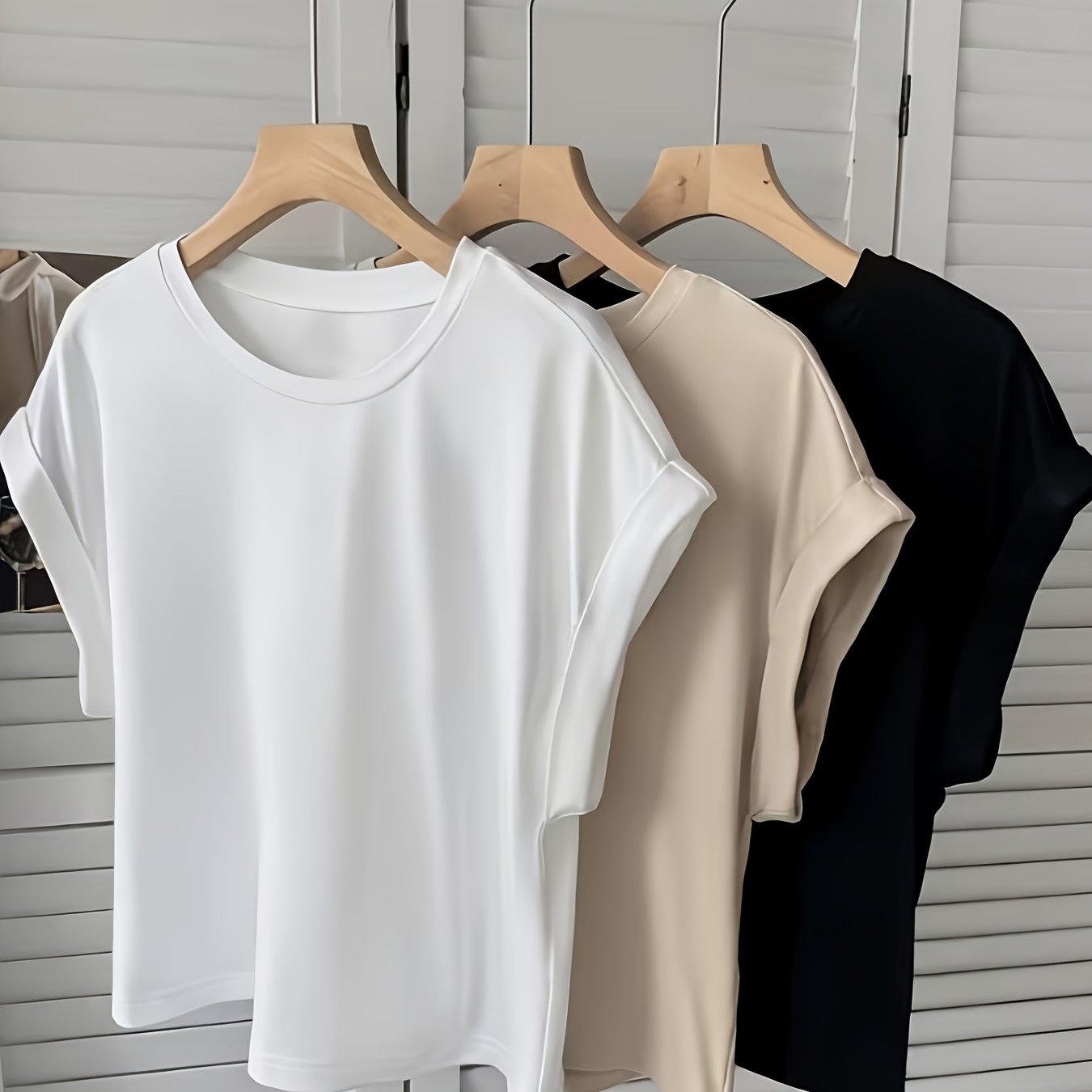 3pcs Women' Color Short Sleeve T-shirts With Roll-up Sleeve - Round Neck Casual Summer Blouses, Machine Washable Opaque Suitable For Outdoor, Office, Casual Attire - Versatile Layering Basic Wardrobe
