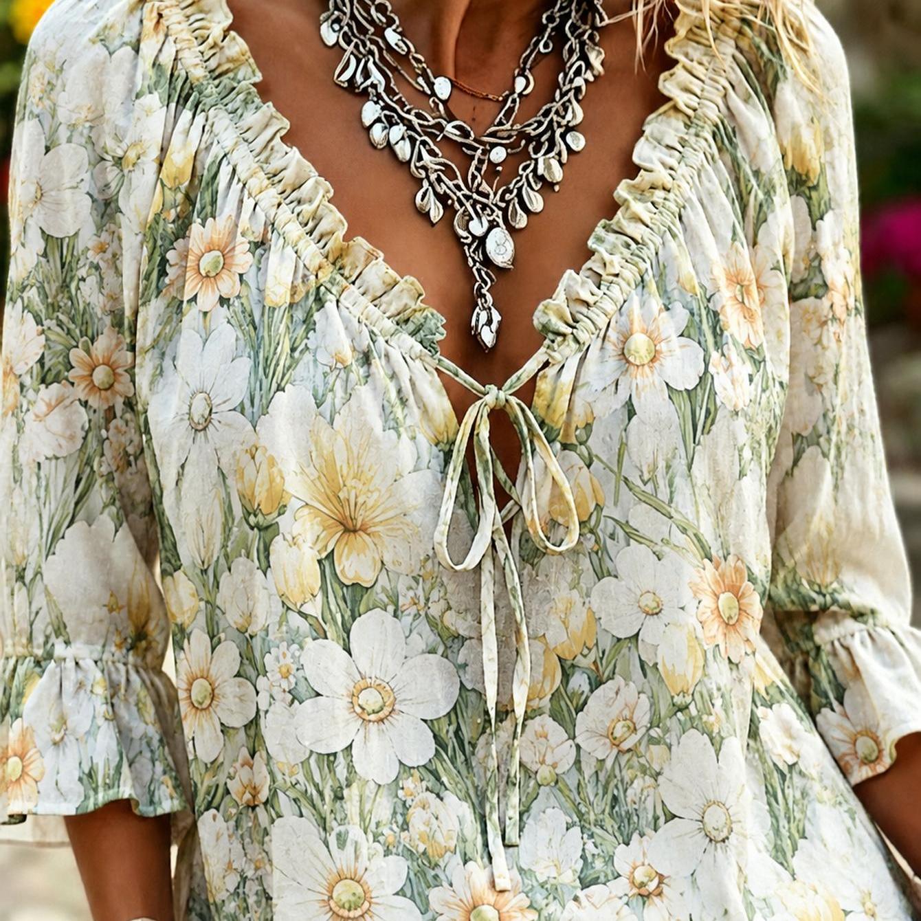 Plus Size Women's Bohemian Style V-neck Loose Mid-length Top, Boho Floral Plus Size Long Sleeve Blouse For Daily Wear, Vacations, Parties, Weddings, And Festival Occasions